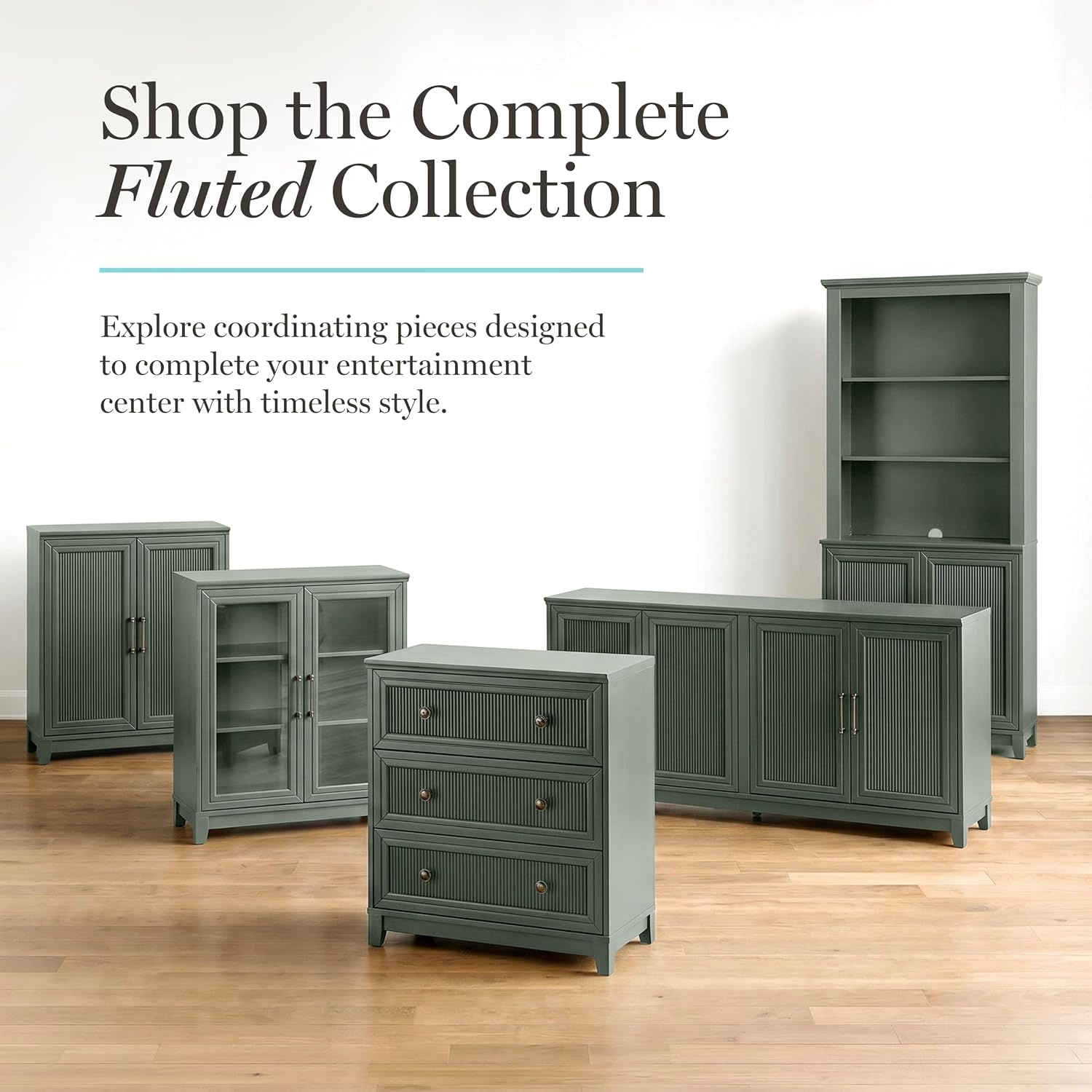image:imageMartha Stewart Bedford Modular Fluted 3Drawer Base Cabinet BlackFern Green FrameGunmetal Hardware