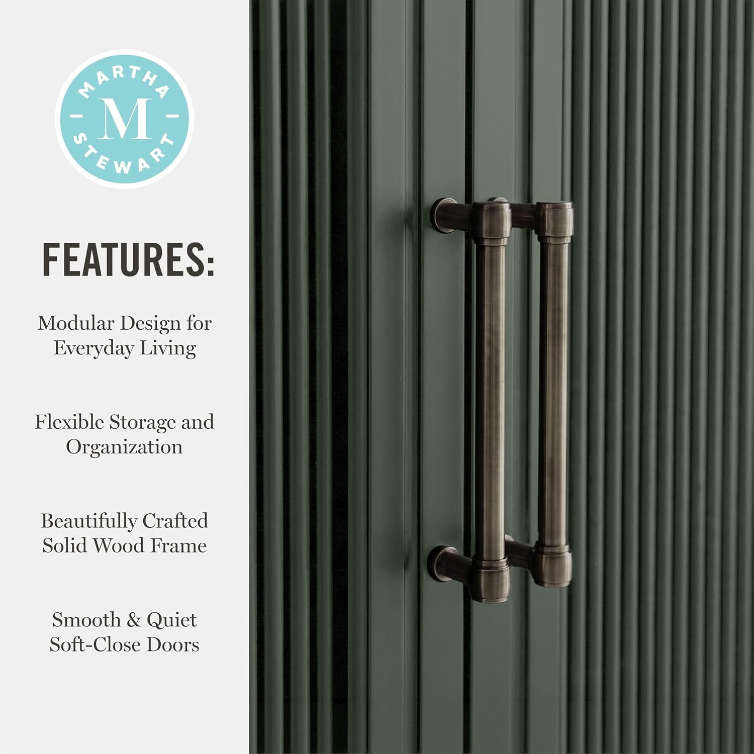 image:imageMartha Stewart Bedford Modular Fluted 3Drawer Base Cabinet BlackFern Green FrameGunmetal Hardware