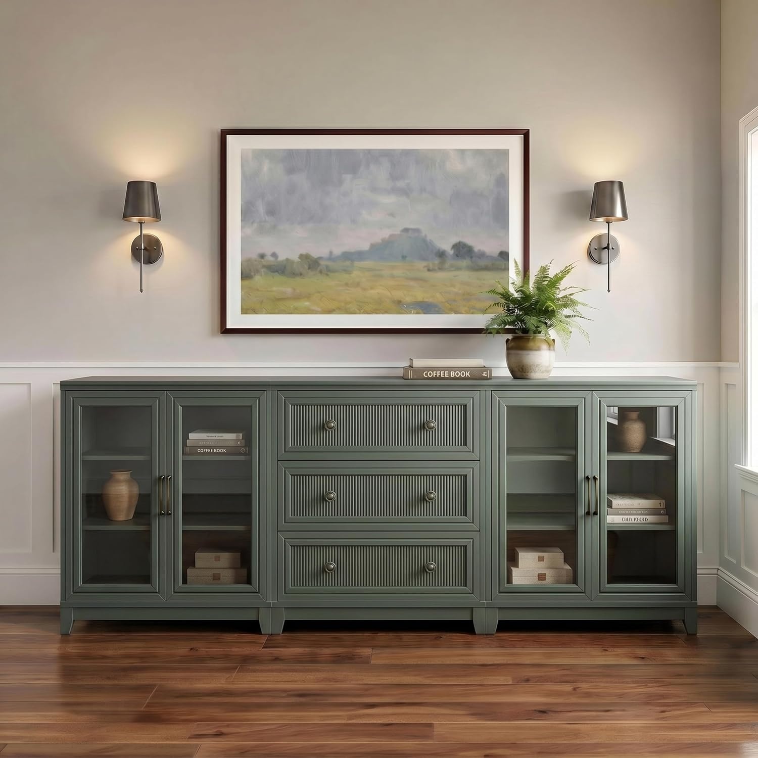 image:imageMartha Stewart Bedford Modular Fluted 3Drawer Base Cabinet BlackFern Green FrameGunmetal Hardware
