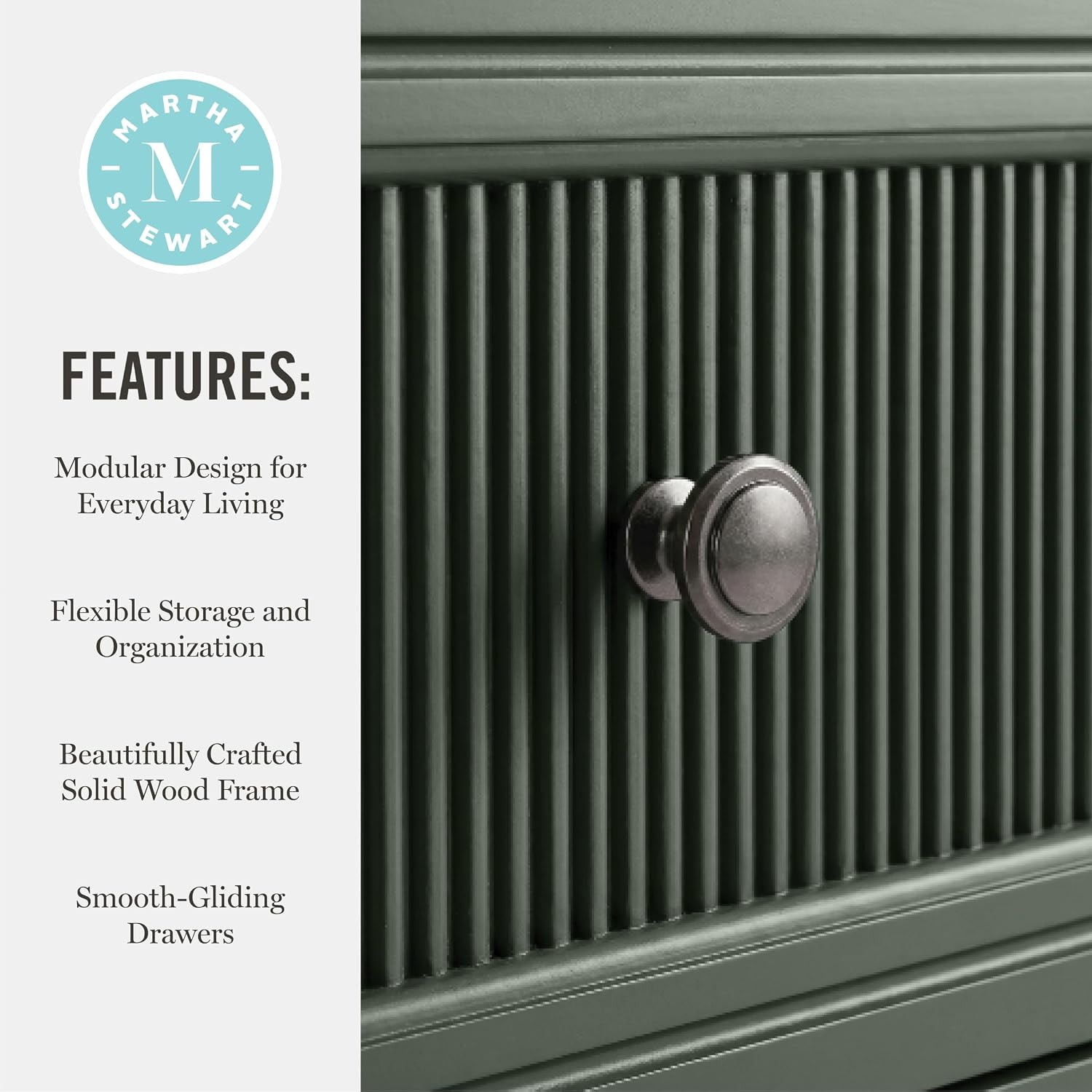 image:imageMartha Stewart Bedford Modular Fluted 3Drawer Base Cabinet BlackFern Green FrameGunmetal Hardware