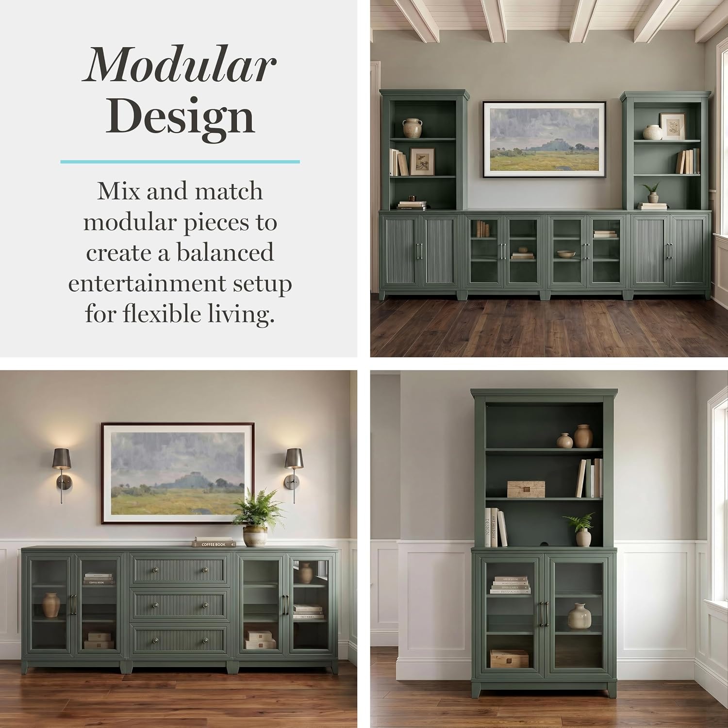 image:imageMartha Stewart Bedford Modular Fluted 3Drawer Base Cabinet BlackFern Green FrameGunmetal Hardware