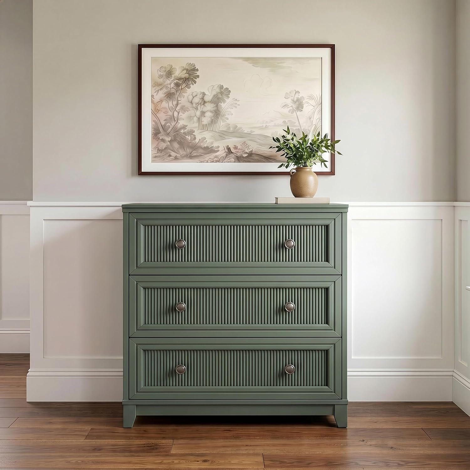 image:imageMartha Stewart Bedford Modular Fluted 3Drawer Base Cabinet BlackFern Green FrameGunmetal Hardware