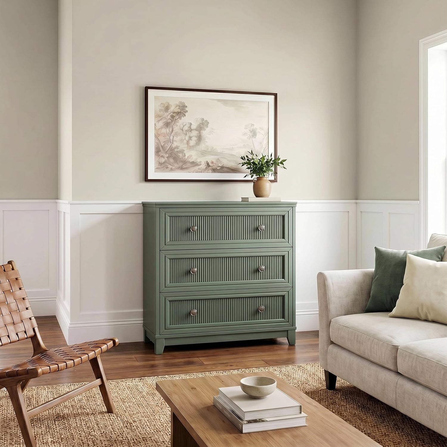image:imageMartha Stewart Bedford Modular Fluted 3Drawer Base Cabinet BlackFern Green FrameGunmetal Hardware