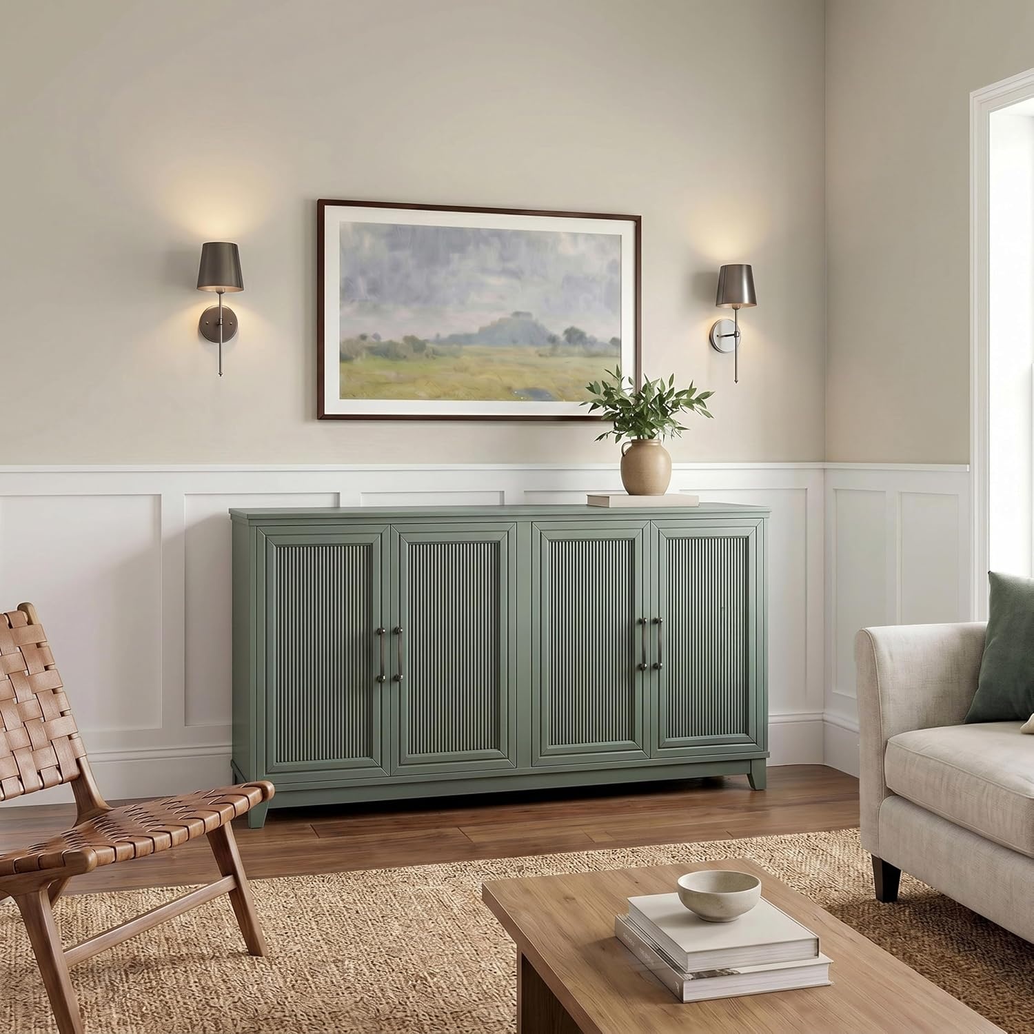image:imageMartha Stewart Bedford Modular Fluted 3Drawer Base Cabinet BlackFern Green FrameGunmetal Hardware