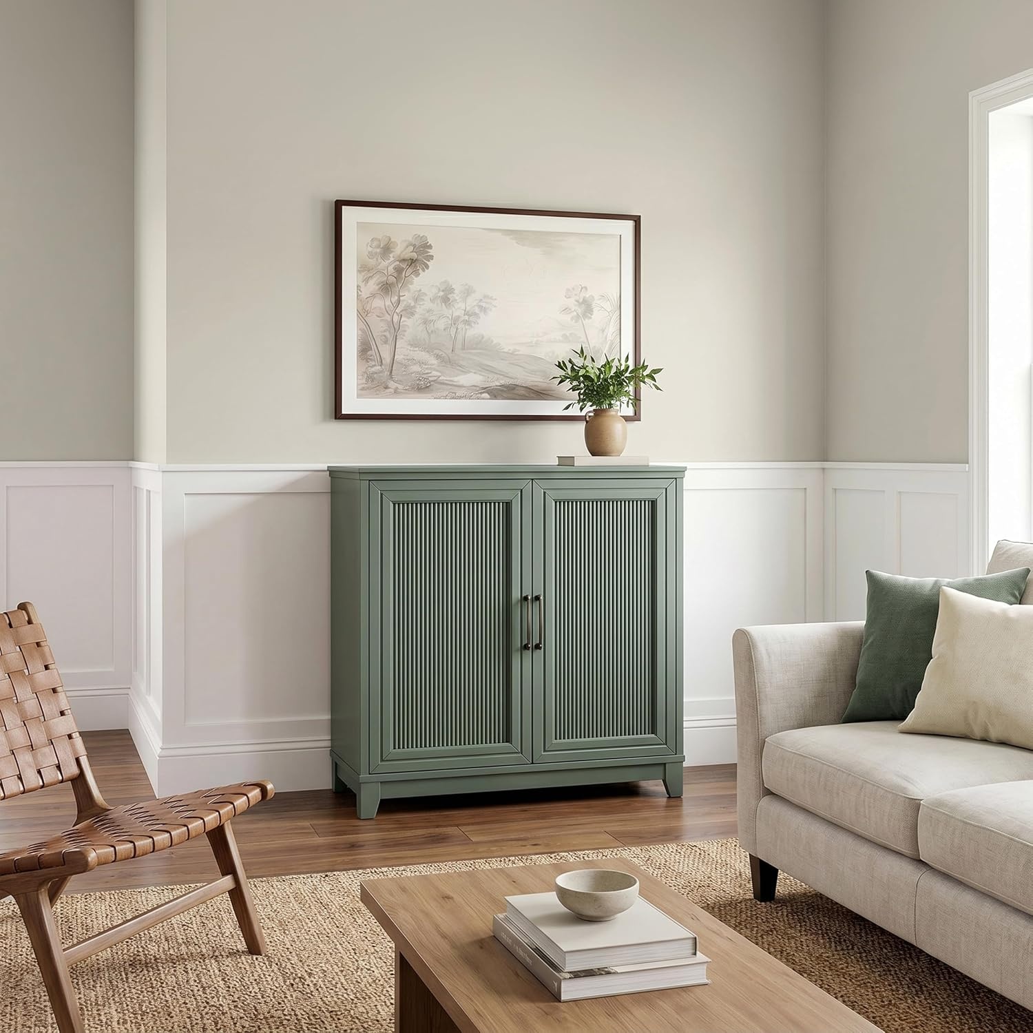 image:imageMartha Stewart Bedford Modular Fluted 3Drawer Base Cabinet BlackFern Green FrameGunmetal Hardware