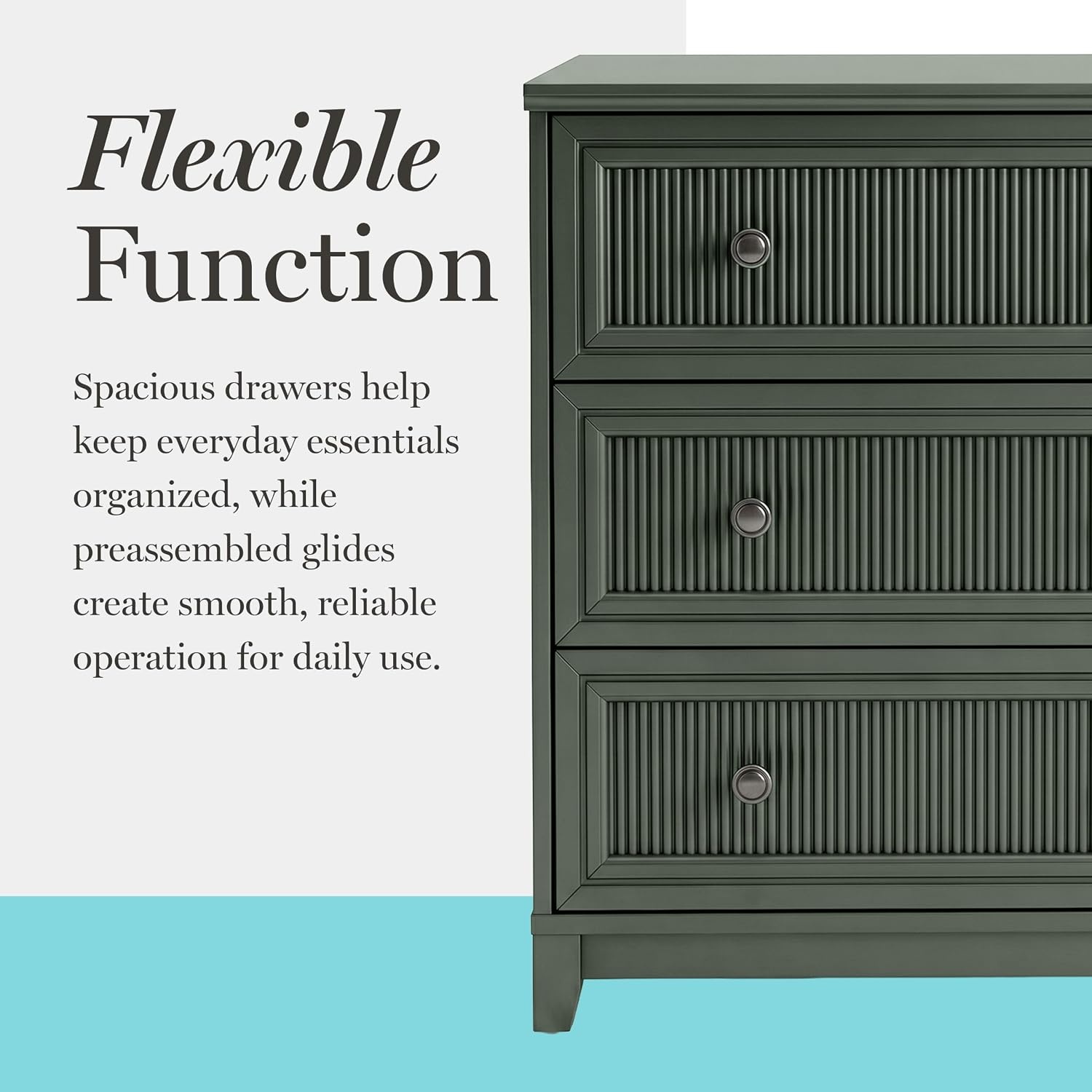 image:imageMartha Stewart Bedford Modular Fluted 3Drawer Base Cabinet BlackFern Green FrameGunmetal Hardware