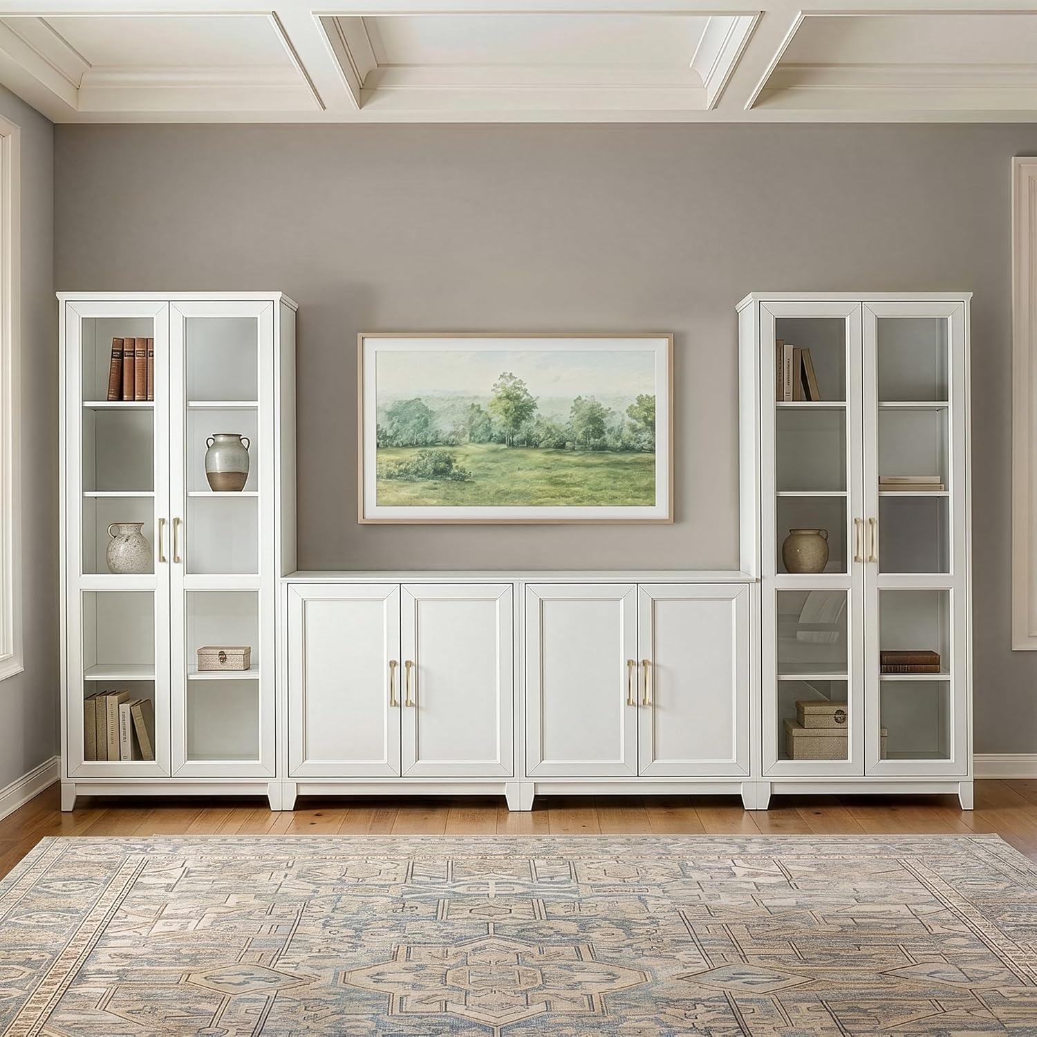 image:imageMartha Stewart Bedford Modular Shaker Glass Door Cabinet Bedford GrayWhite FrameGold Hardware