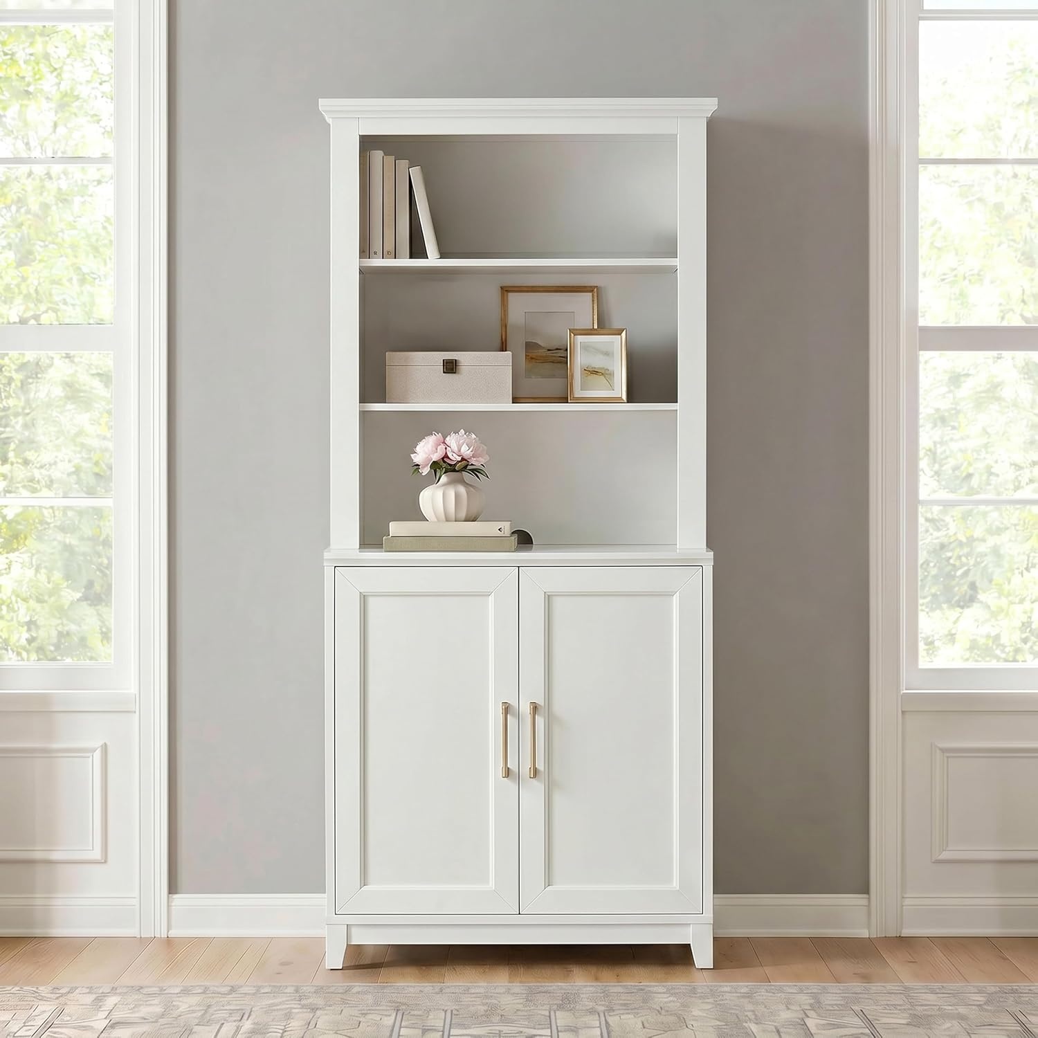image:imageMartha Stewart Bedford Modular Shaker Glass Door Cabinet Bedford GrayWhite FrameGold Hardware