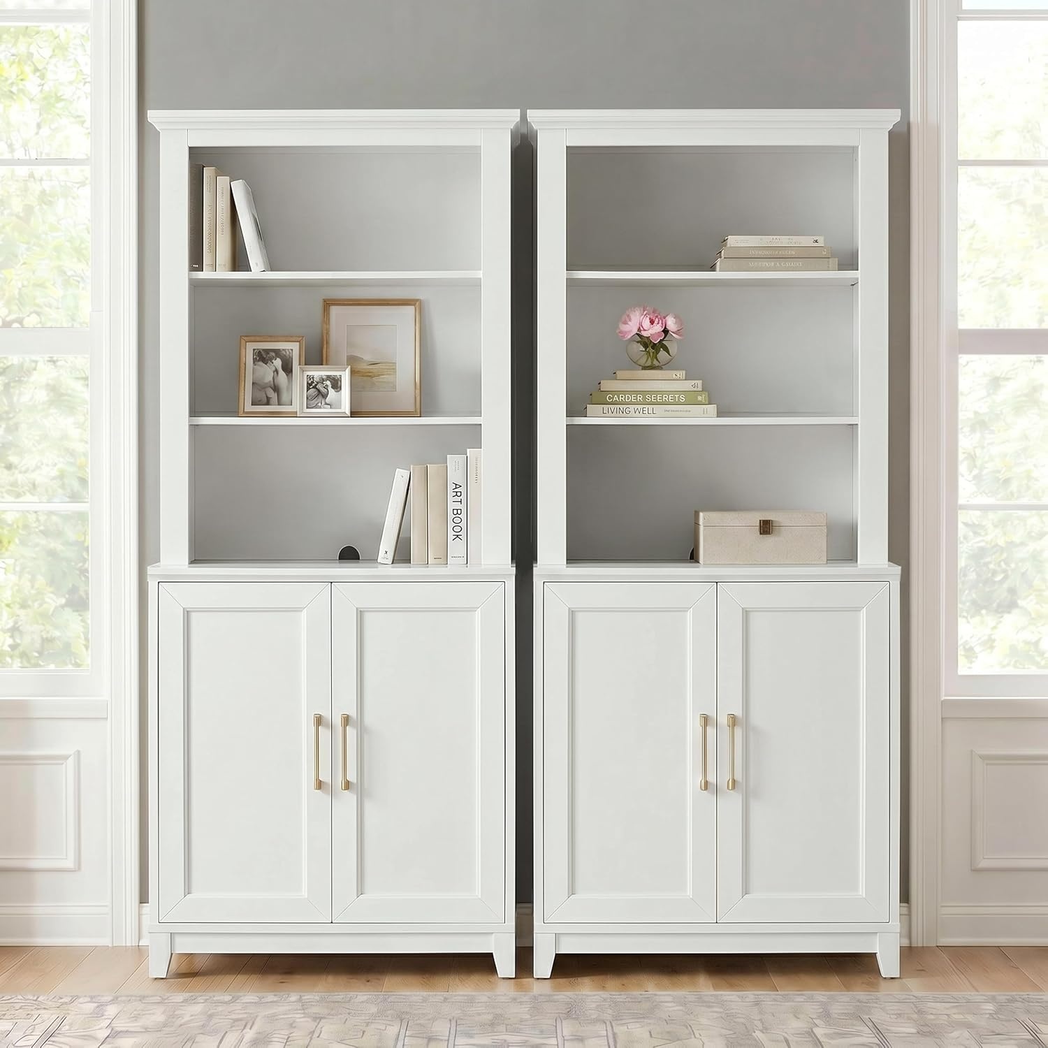 image:imageMartha Stewart Bedford Modular Shaker Glass Door Cabinet Bedford GrayWhite FrameGold Hardware