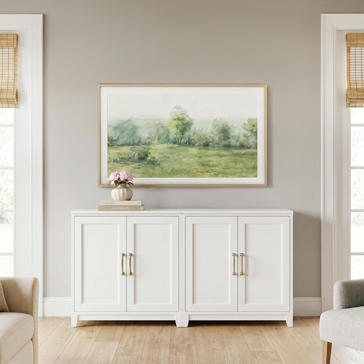 image:imageMartha Stewart Bedford Modular Shaker Glass Door Cabinet Bedford GrayWhite FrameGold Hardware