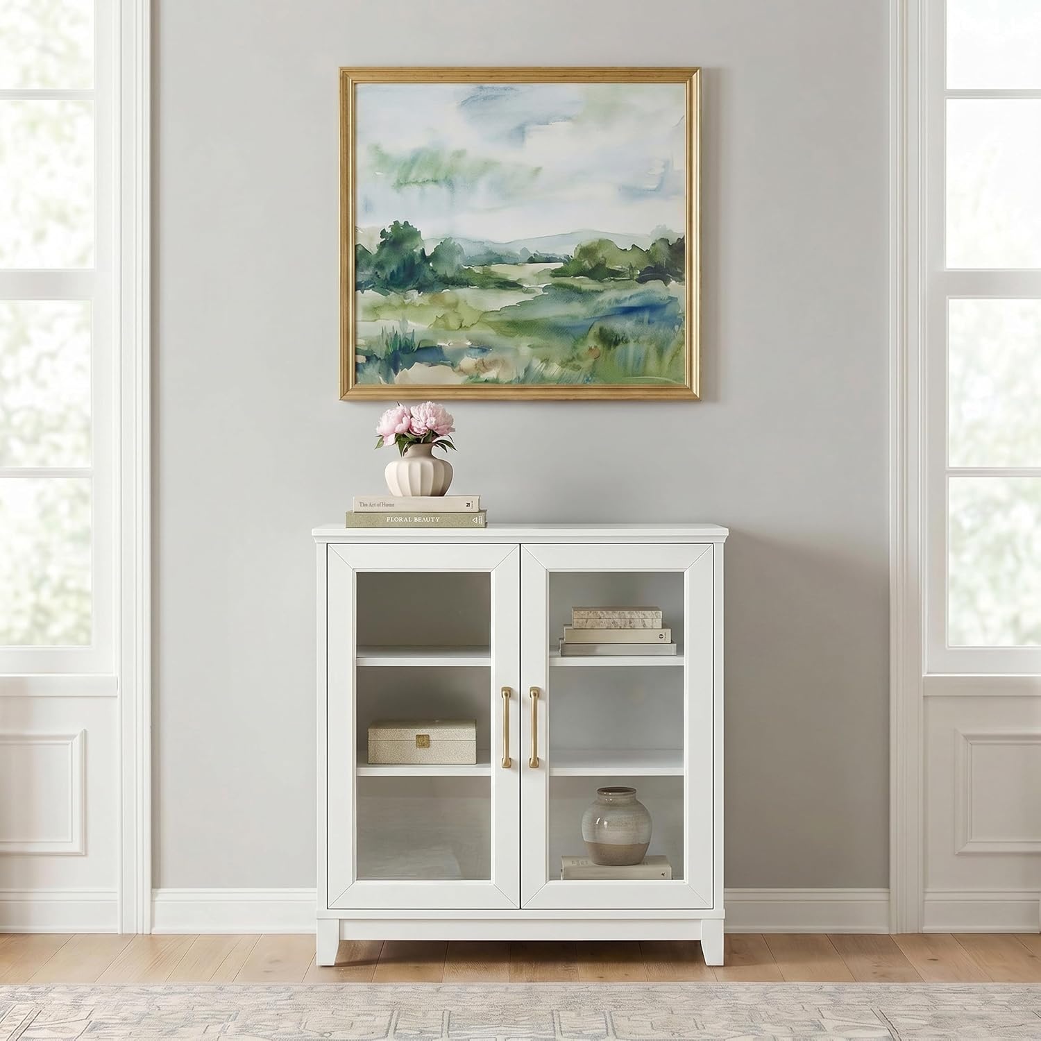 image:imageMartha Stewart Bedford Modular Shaker Glass Door Cabinet Bedford GrayWhite FrameGold Hardware