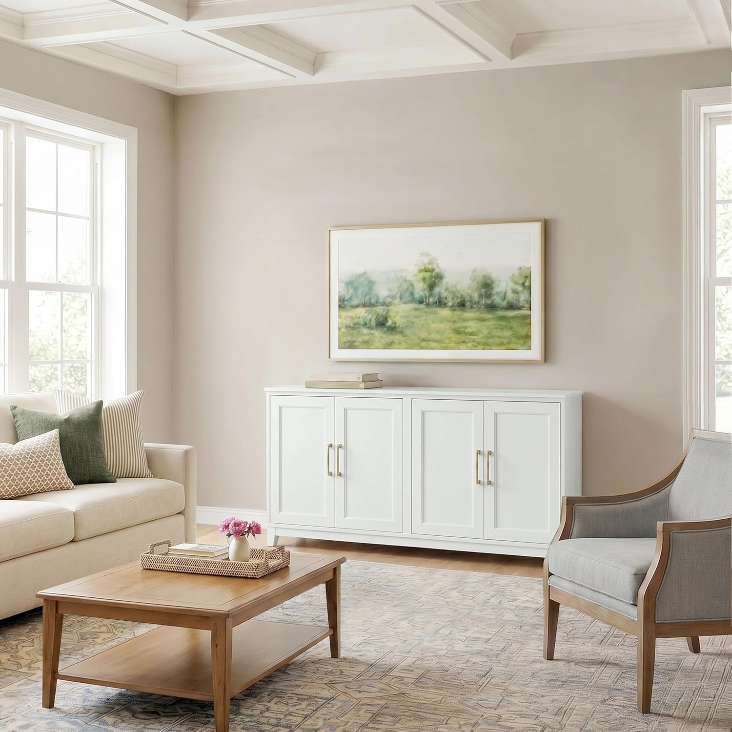 image:imageMartha Stewart Bedford Modular Shaker Glass Door Cabinet Bedford GrayWhite FrameGold Hardware