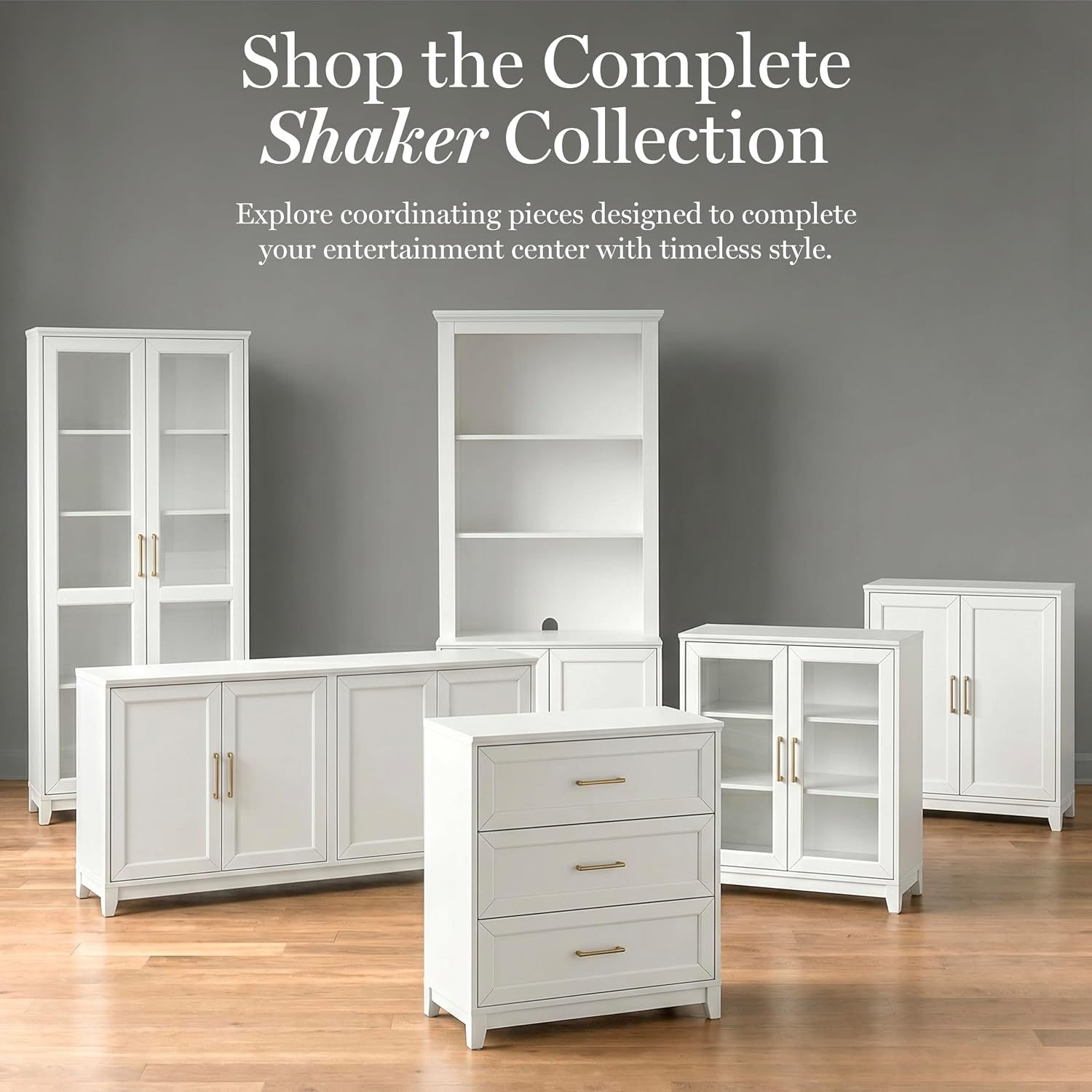 image:imageMartha Stewart Bedford Modular Shaker Glass Door Cabinet Bedford GrayWhite FrameGold Hardware