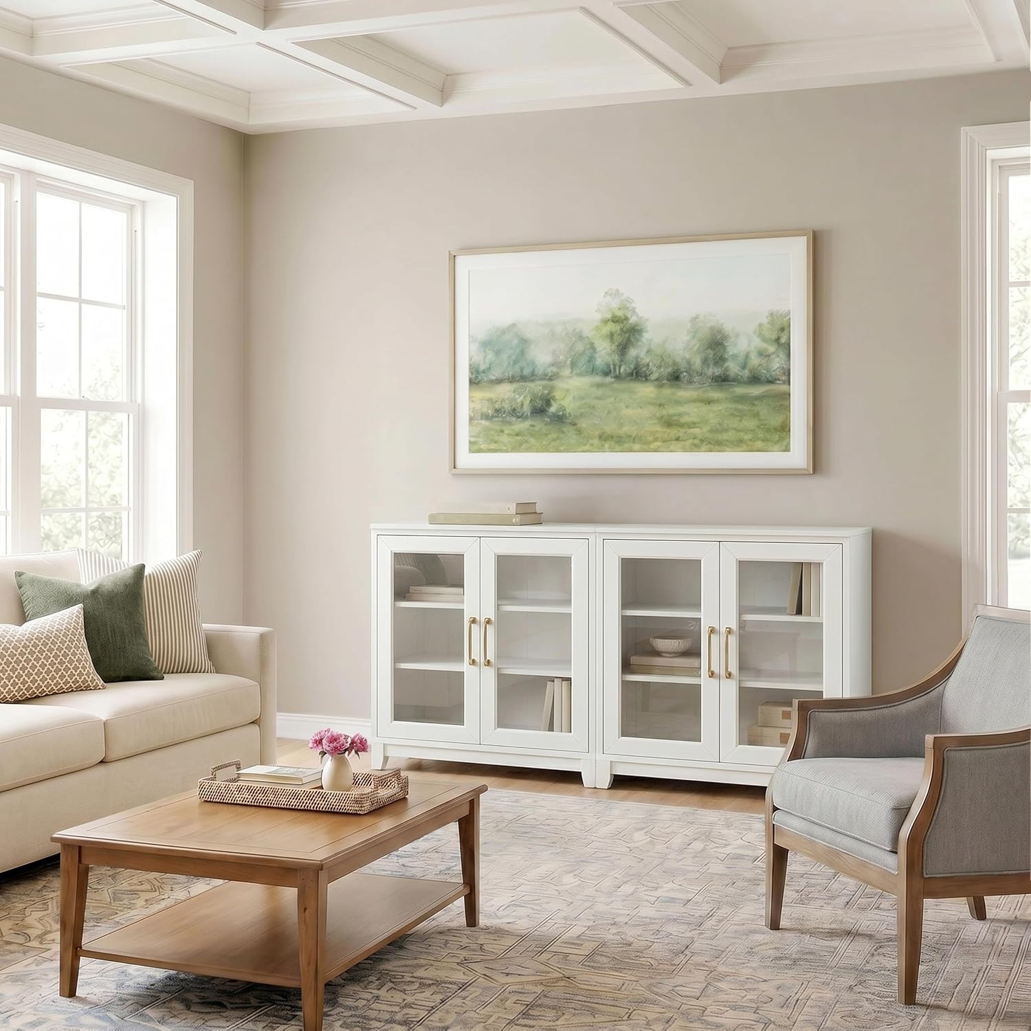image:imageMartha Stewart Bedford Modular Shaker Glass Door Cabinet Bedford GrayWhite FrameGold Hardware