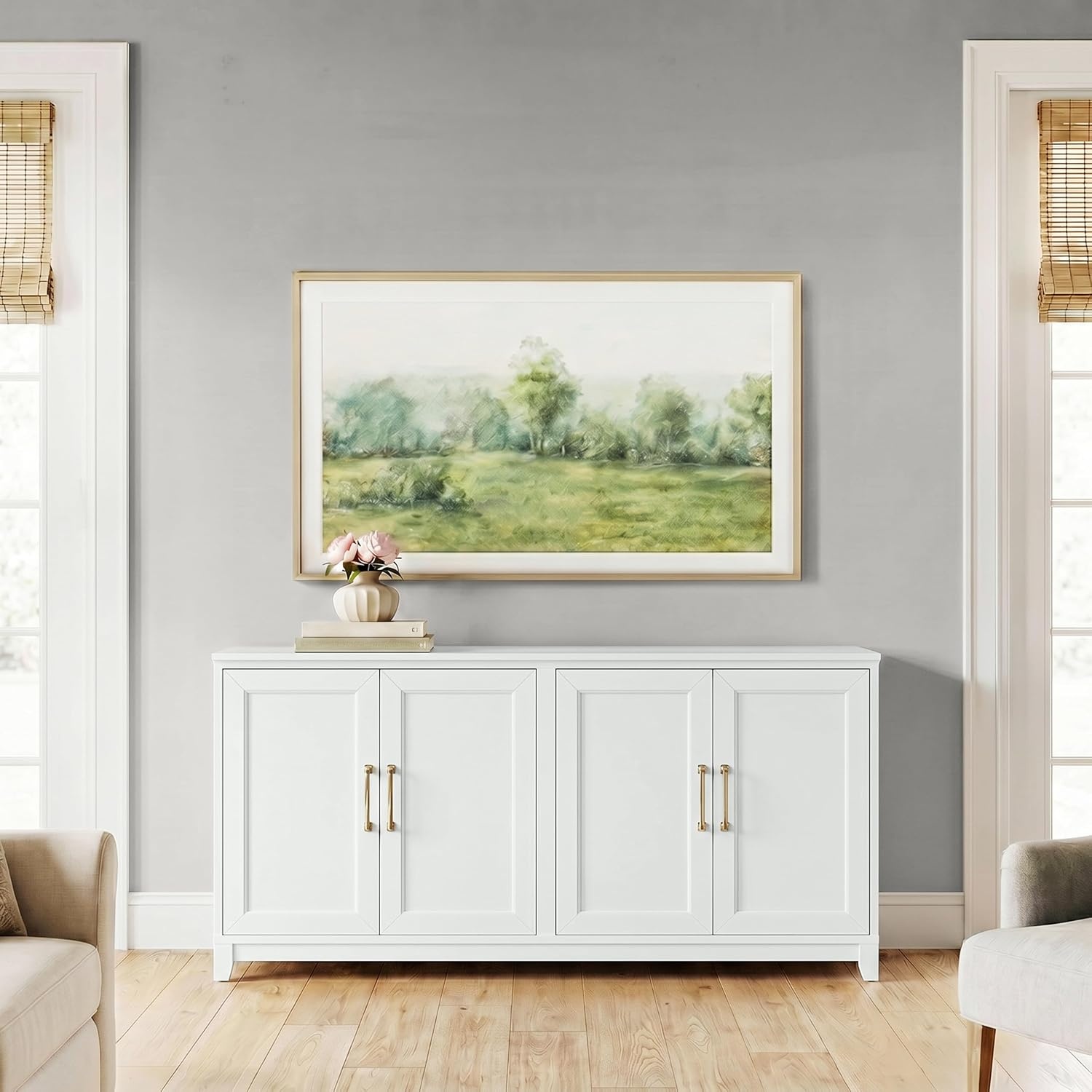 image:imageMartha Stewart Bedford Modular Shaker Glass Door Cabinet Bedford GrayWhite FrameGold Hardware