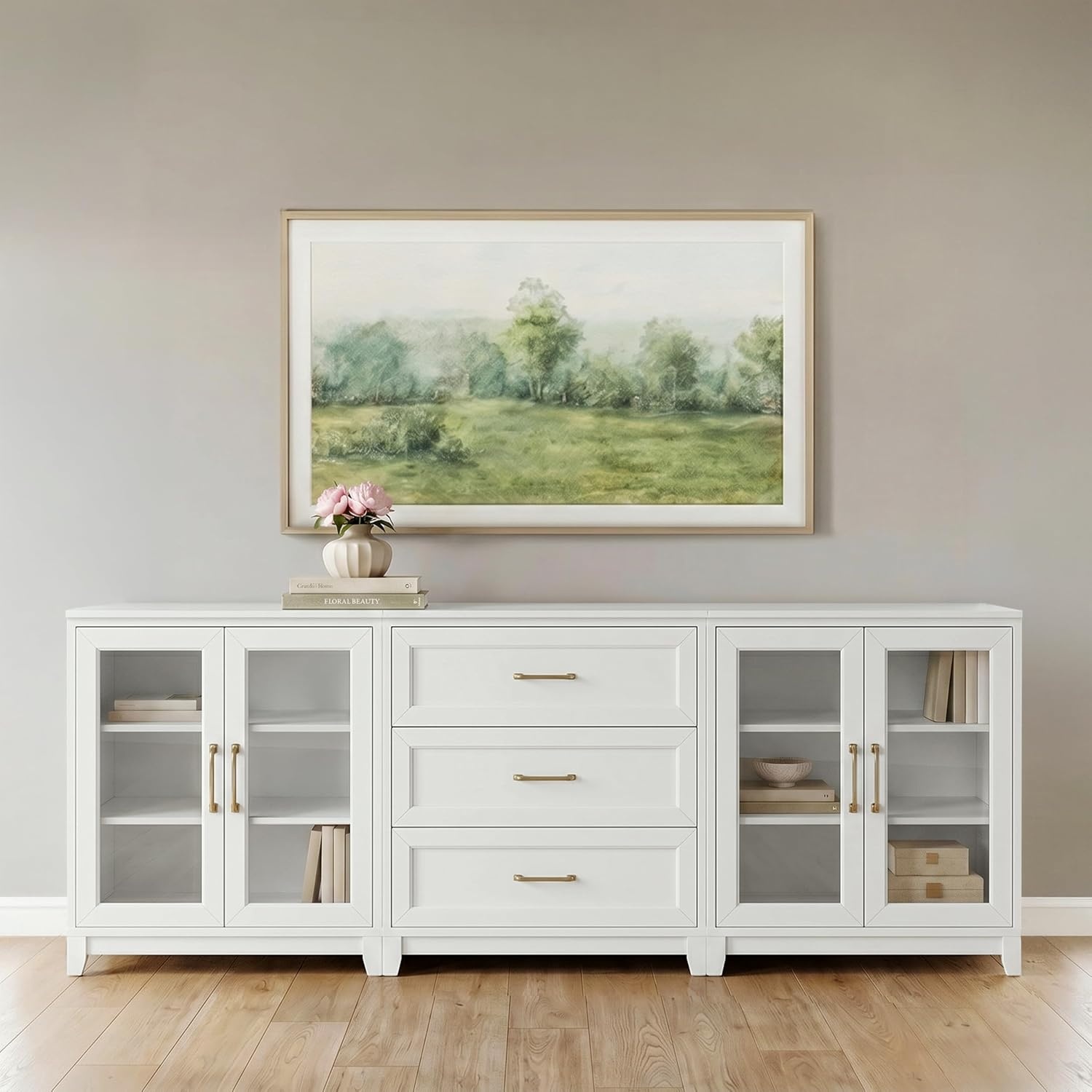 image:imageMartha Stewart Bedford Modular Shaker Glass Door Cabinet Bedford GrayWhite FrameGold Hardware