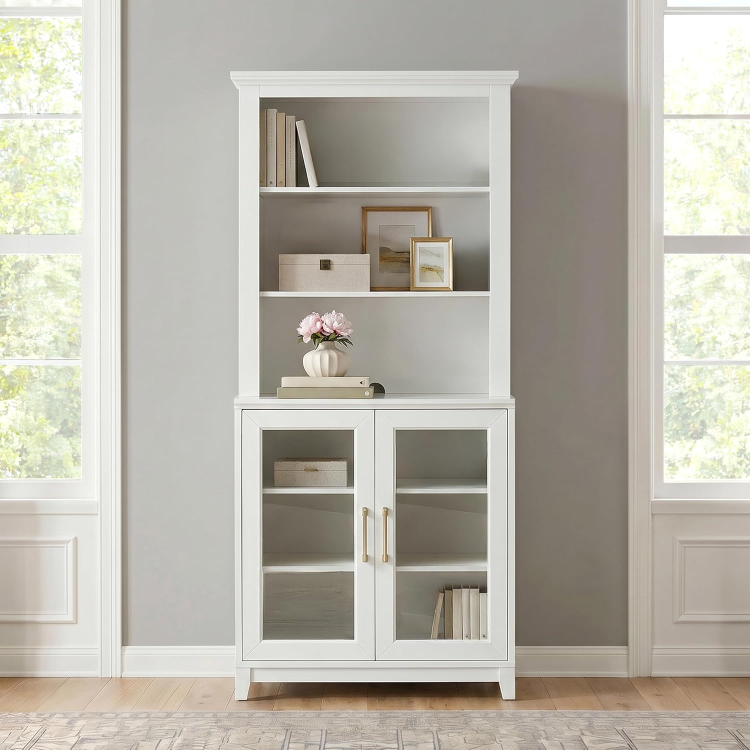 image:imageMartha Stewart Bedford Modular Shaker Glass Door Cabinet Bedford GrayWhite FrameGold Hardware