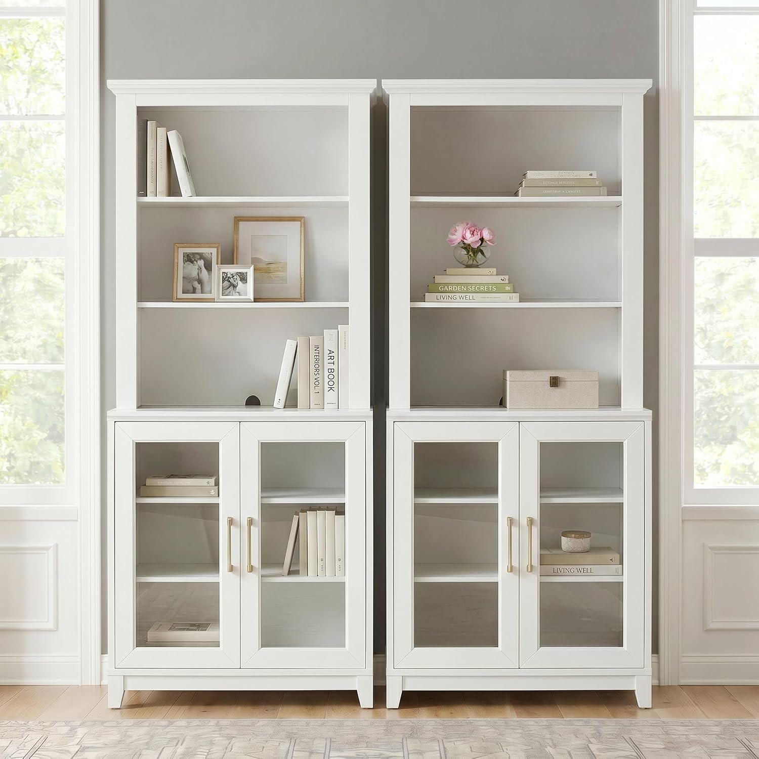 image:imageMartha Stewart Bedford Modular Shaker Glass Door Cabinet Bedford GrayWhite FrameGold Hardware