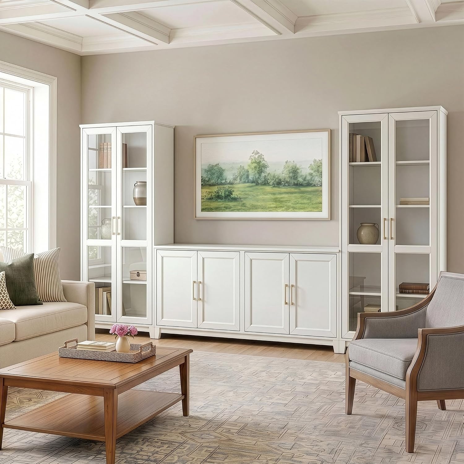 image:imageMartha Stewart Bedford Modular Shaker Glass Door Cabinet Bedford GrayWhite FrameGold Hardware