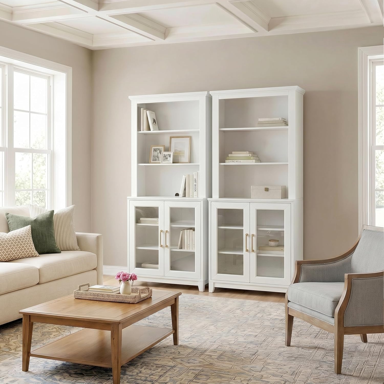 image:imageMartha Stewart Bedford Modular Shaker Glass Door Cabinet Bedford GrayWhite FrameGold Hardware