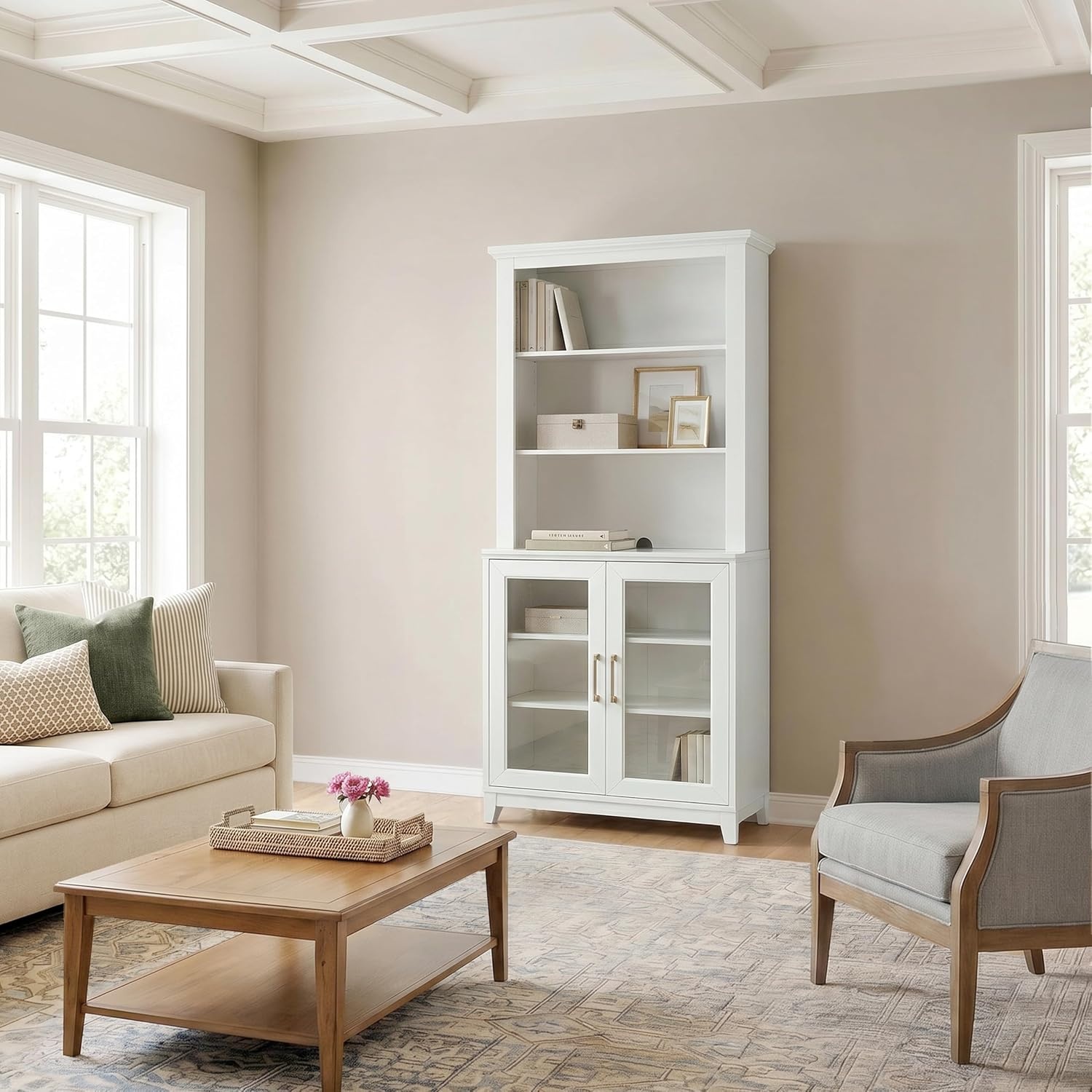 image:imageMartha Stewart Bedford Modular Shaker Glass Door Cabinet Bedford GrayWhite FrameGold Hardware