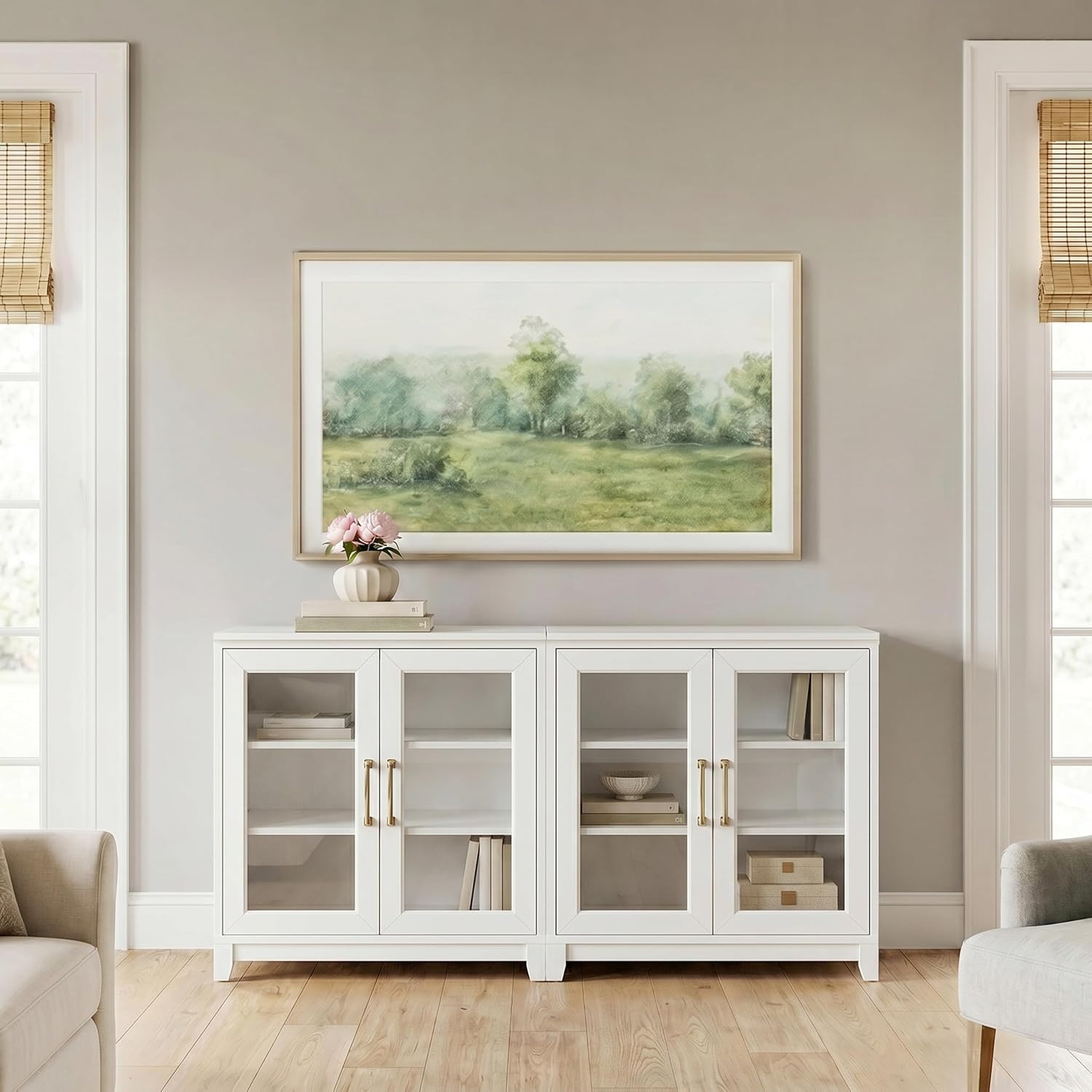 image:imageMartha Stewart Bedford Modular Shaker Glass Door Cabinet Bedford GrayWhite FrameGold Hardware