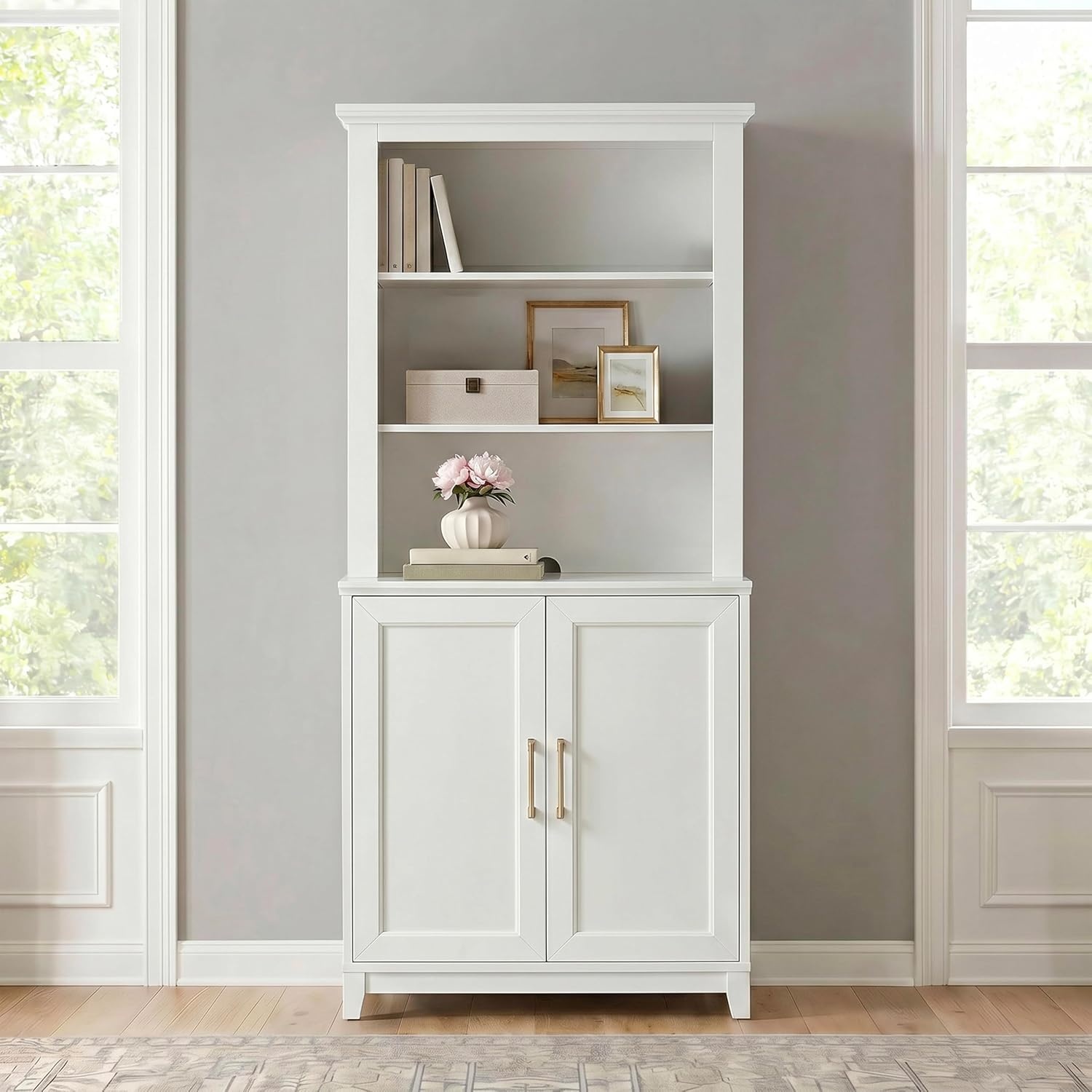 image:imageMartha Stewart Bedford Modular Shaker Glass Door Cabinet Bedford GrayWhite FrameGold Hardware