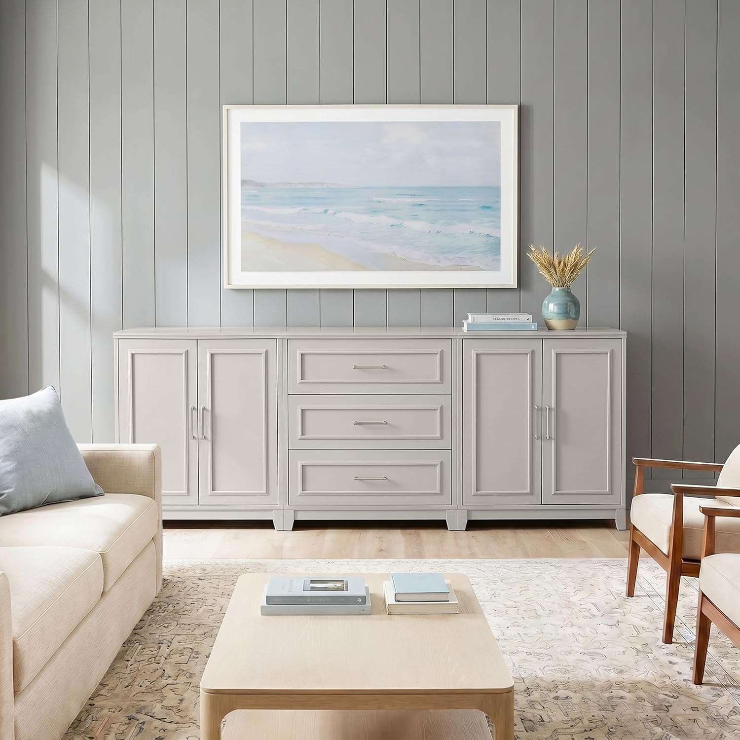 image:imageMartha Stewart Lily Pond Modular Storage Cabinet Slate BlueSharkey Gray FrameBrushed Stainless Steel Hardware