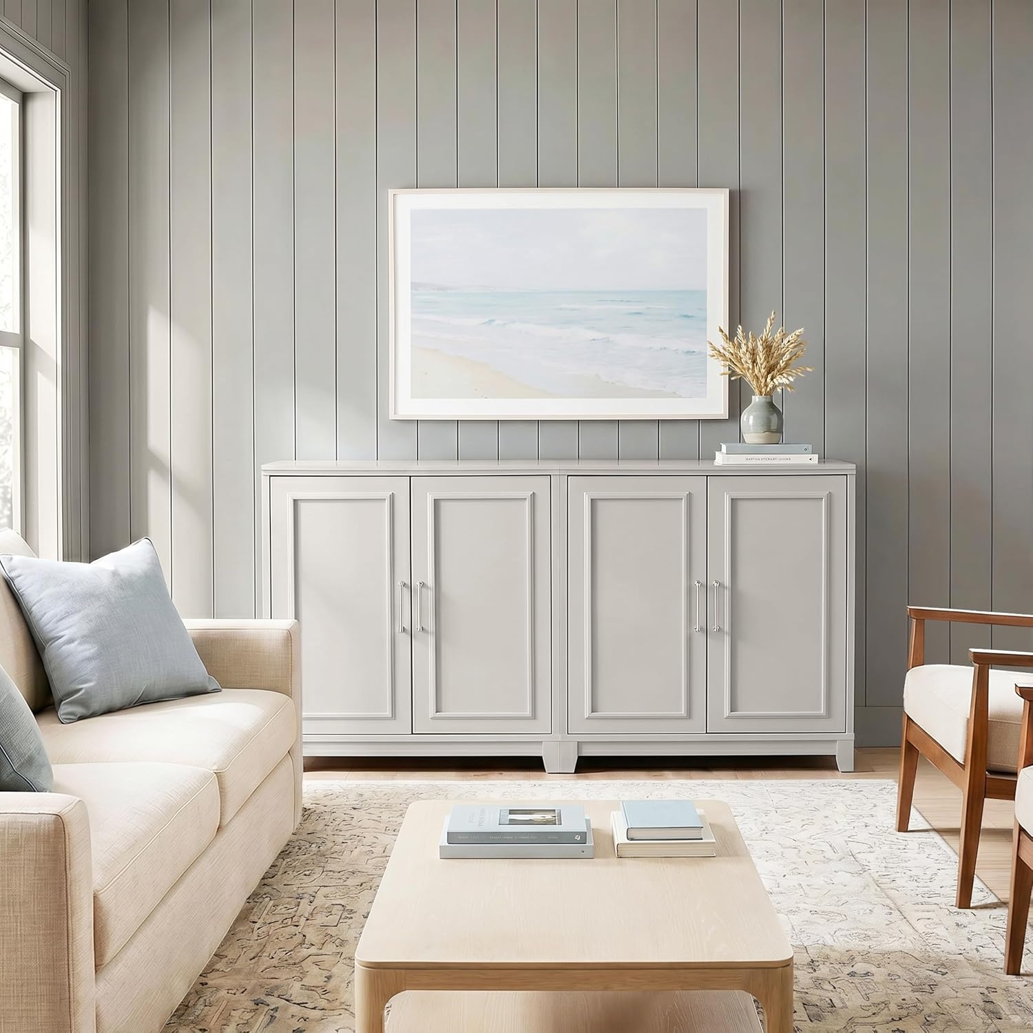 image:imageMartha Stewart Lily Pond Modular Storage Cabinet Slate BlueSharkey Gray FrameBrushed Stainless Steel Hardware