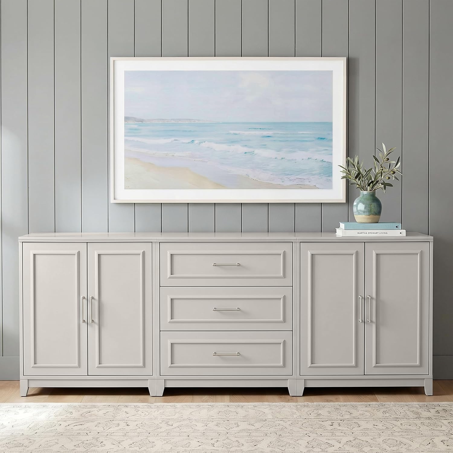 image:imageMartha Stewart Lily Pond Modular Storage Cabinet Slate BlueSharkey Gray FrameBrushed Stainless Steel Hardware