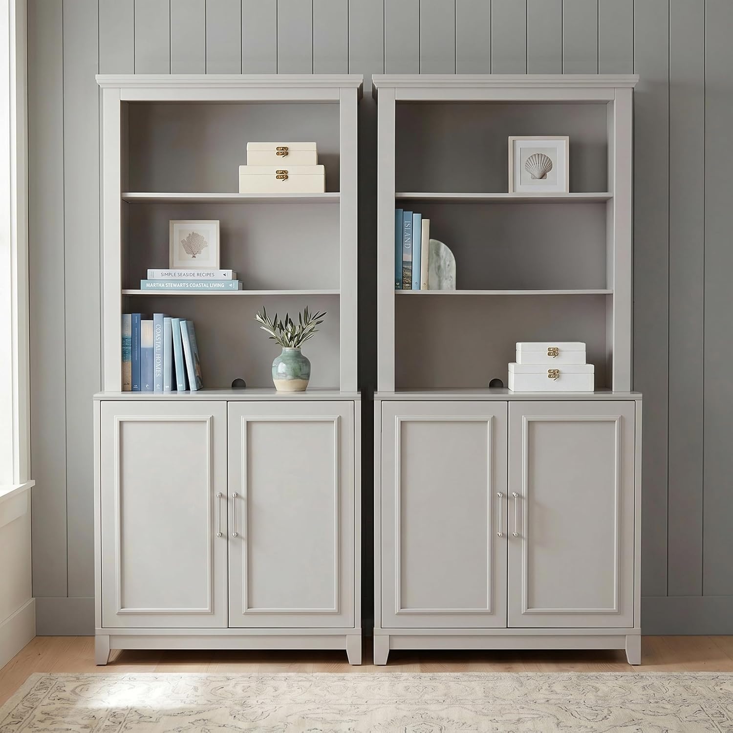 image:imageMartha Stewart Lily Pond Modular Storage Cabinet Slate BlueSharkey Gray FrameBrushed Stainless Steel Hardware