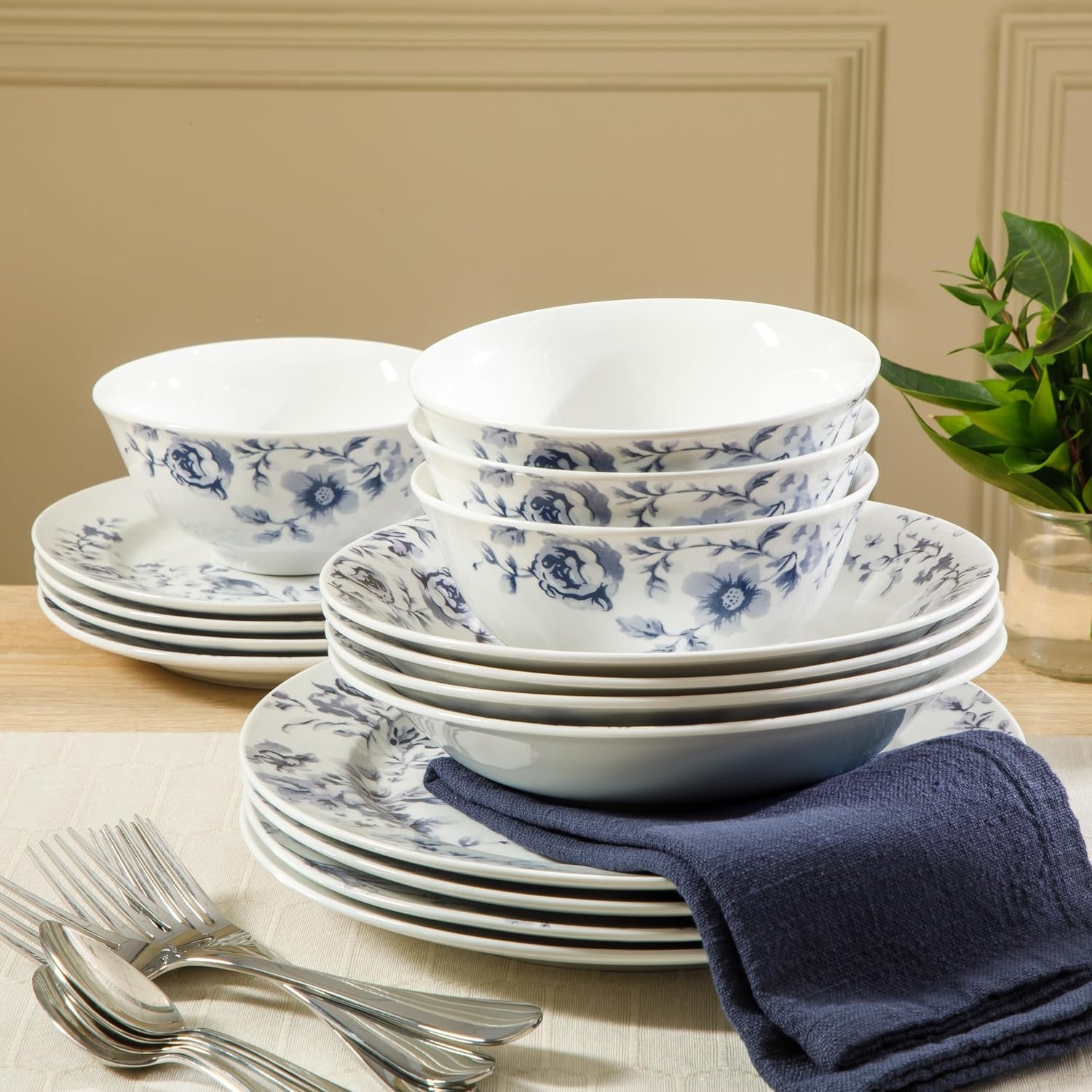 image:imageMartha Stewart Plates and Bowls Set 16 Piece Dinnerware Set for 4 BluePink Classic Floral