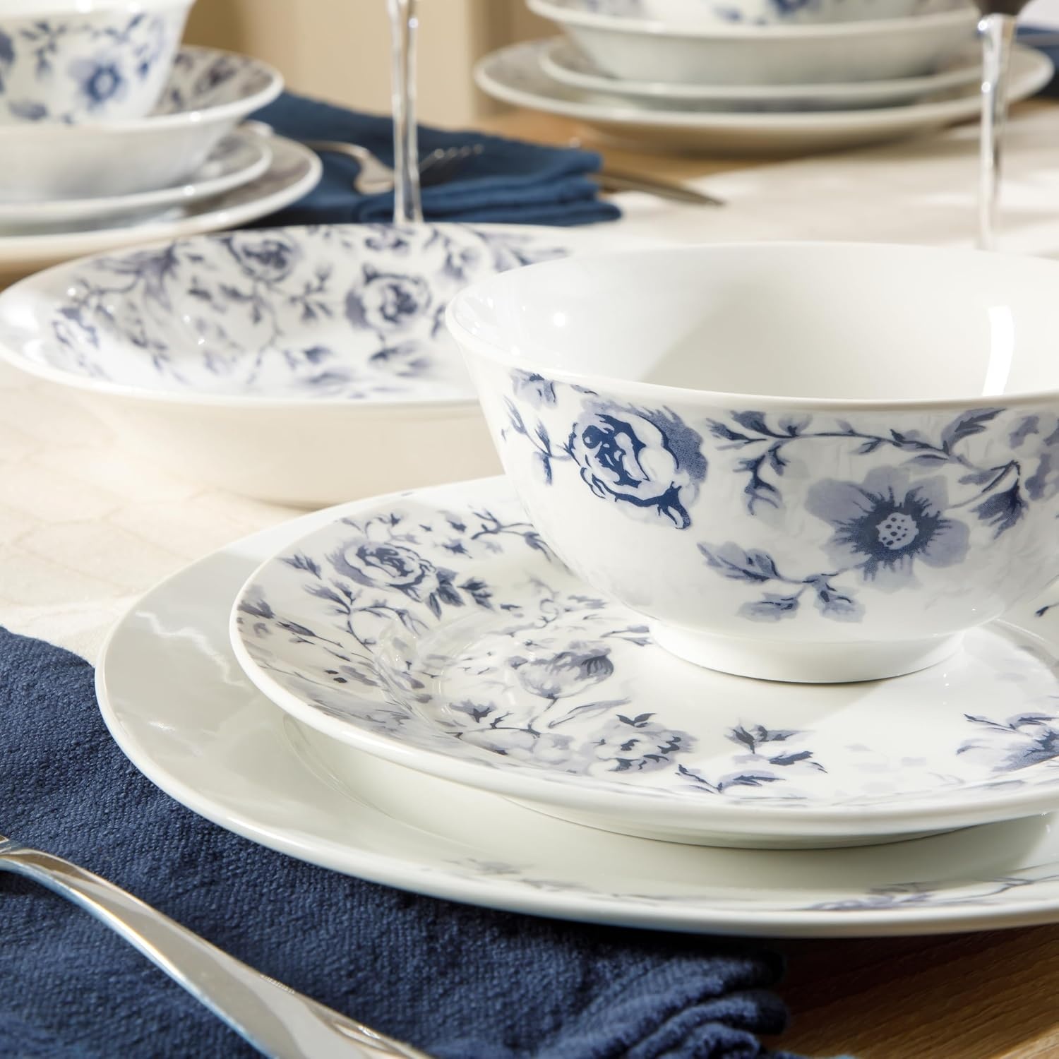 image:imageMartha Stewart Plates and Bowls Set 16 Piece Dinnerware Set for 4 BluePink Classic Floral