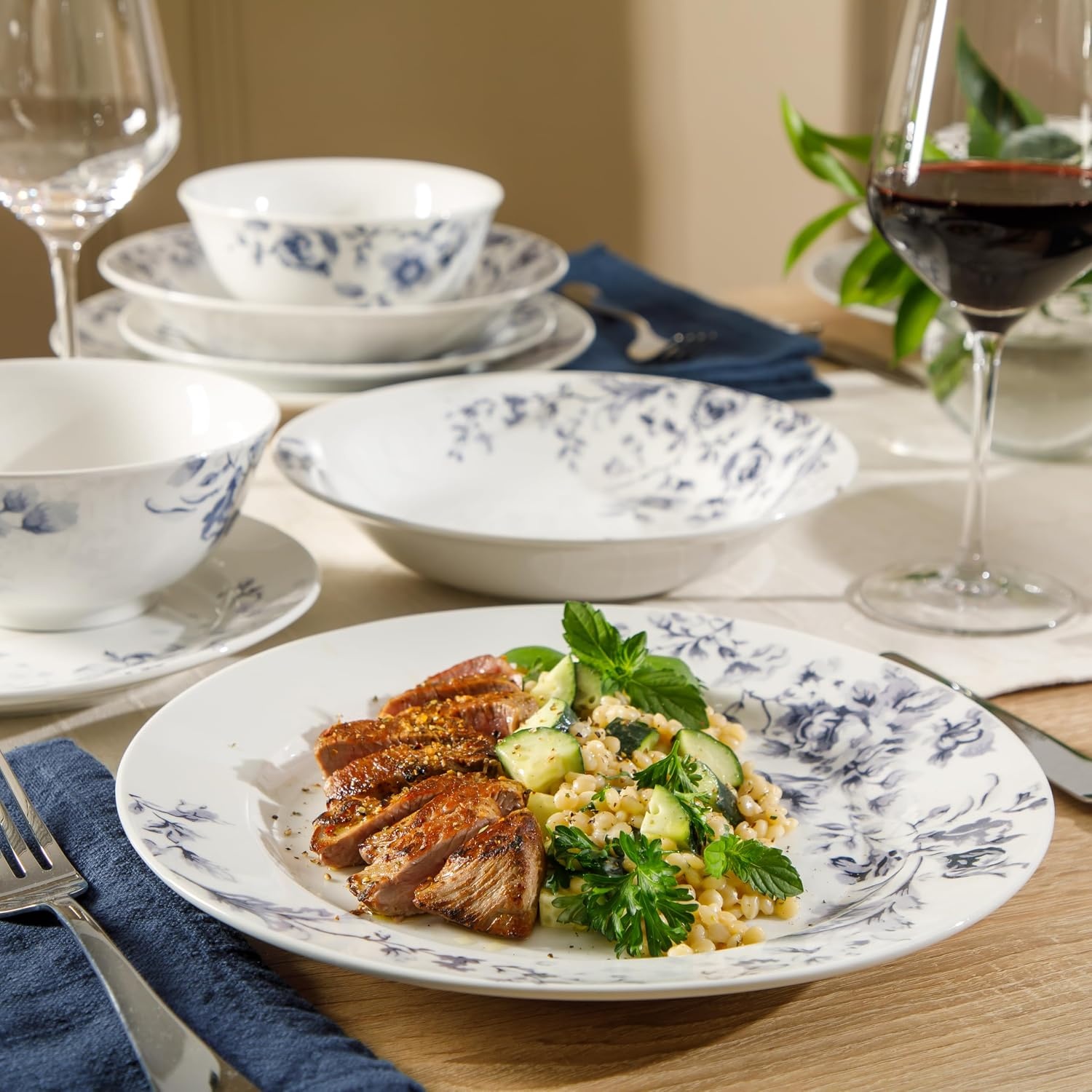 image:imageMartha Stewart Plates and Bowls Set 16 Piece Dinnerware Set for 4 BluePink Classic Floral