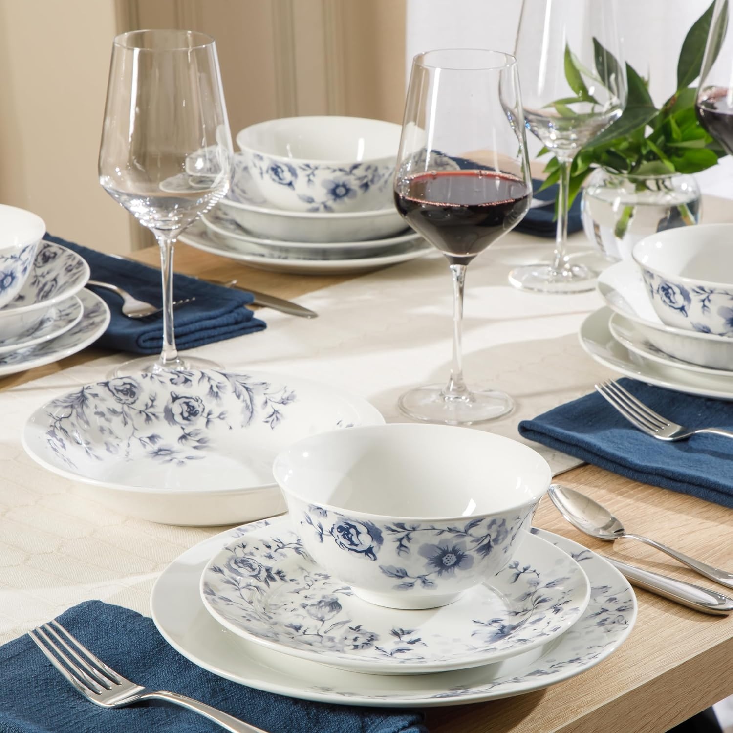 image:imageMartha Stewart Plates and Bowls Set 16 Piece Dinnerware Set for 4 BluePink Classic Floral