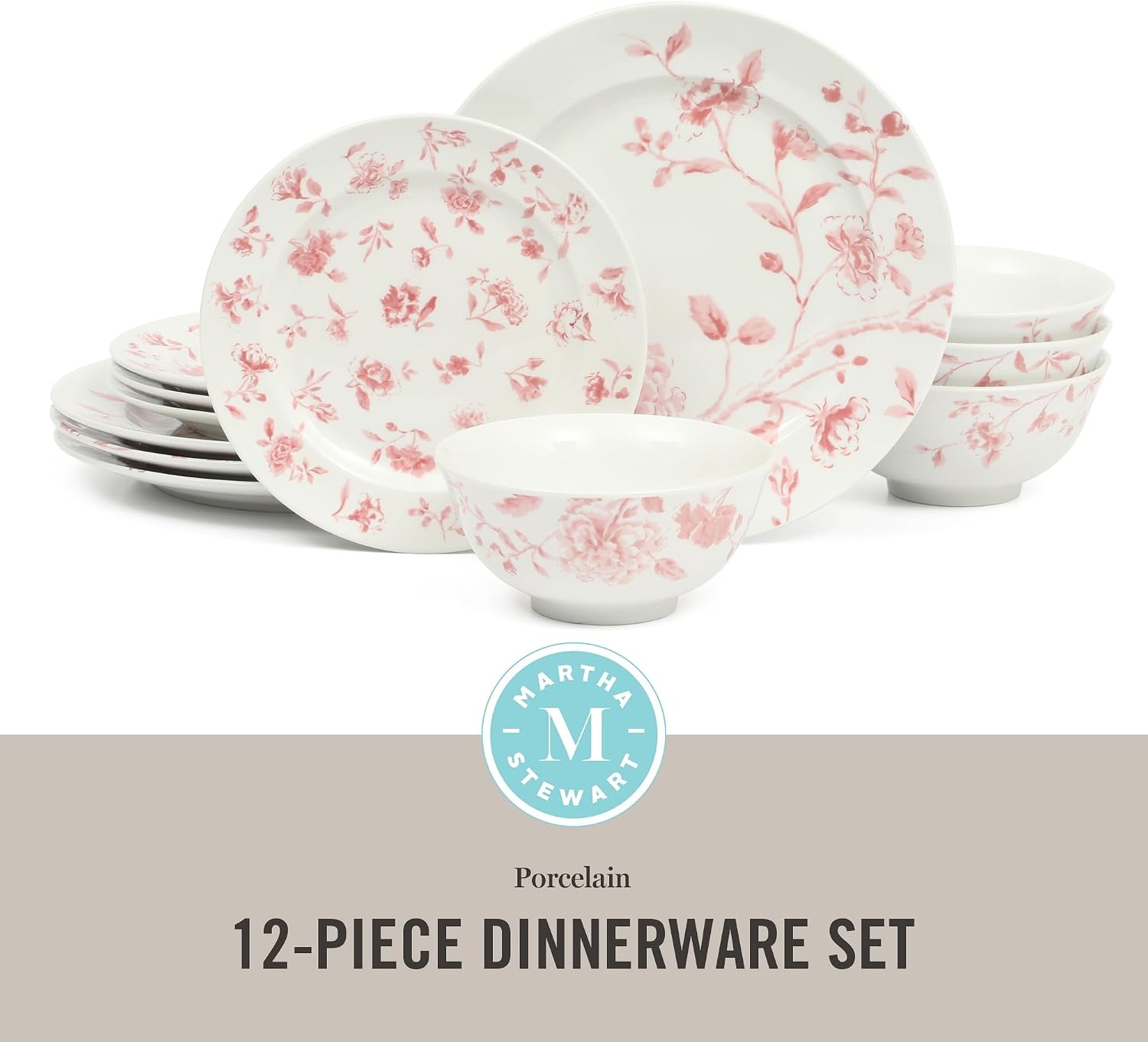 image:imageMartha Stewart Plates and Bowls Set 16 Piece Dinnerware Set for 4 BluePink Floral