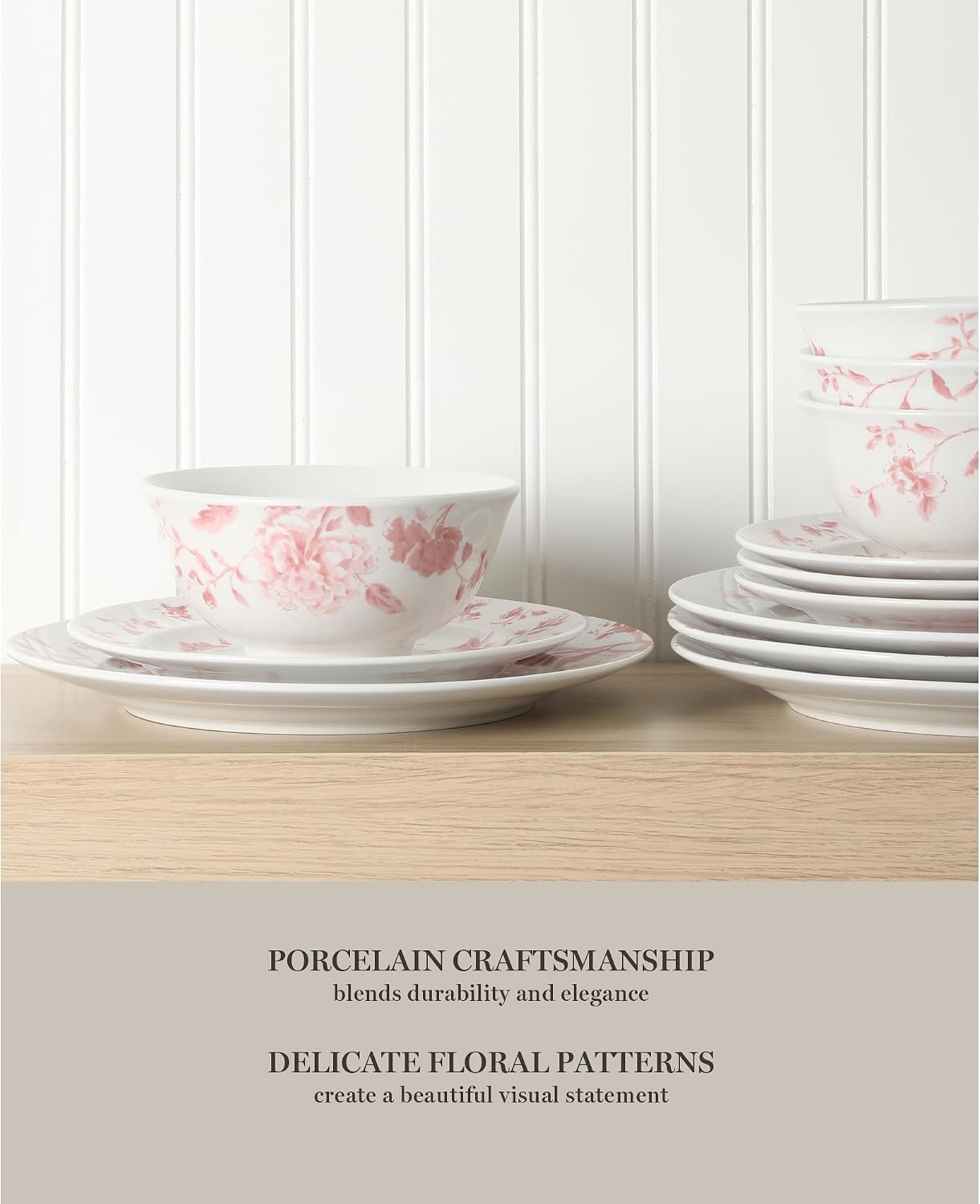 image:imageMartha Stewart Plates and Bowls Set 16 Piece Dinnerware Set for 4 BluePink Floral