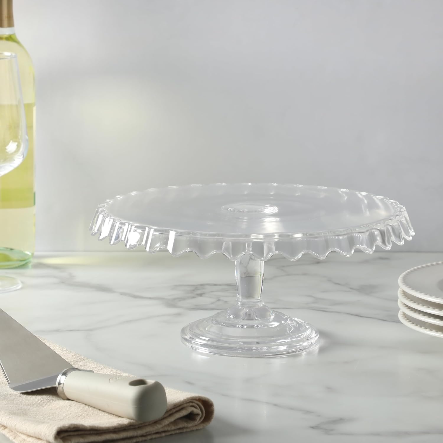image:imageMartha Stewart Watercrest Glass Cake Stand 102 Inch Footed Pedestal Cake Plate with Scalloped Ruffled Edge Clear Handmade Glassware for Weddings Parties and Dessert DisplayGlass 102 No Dome