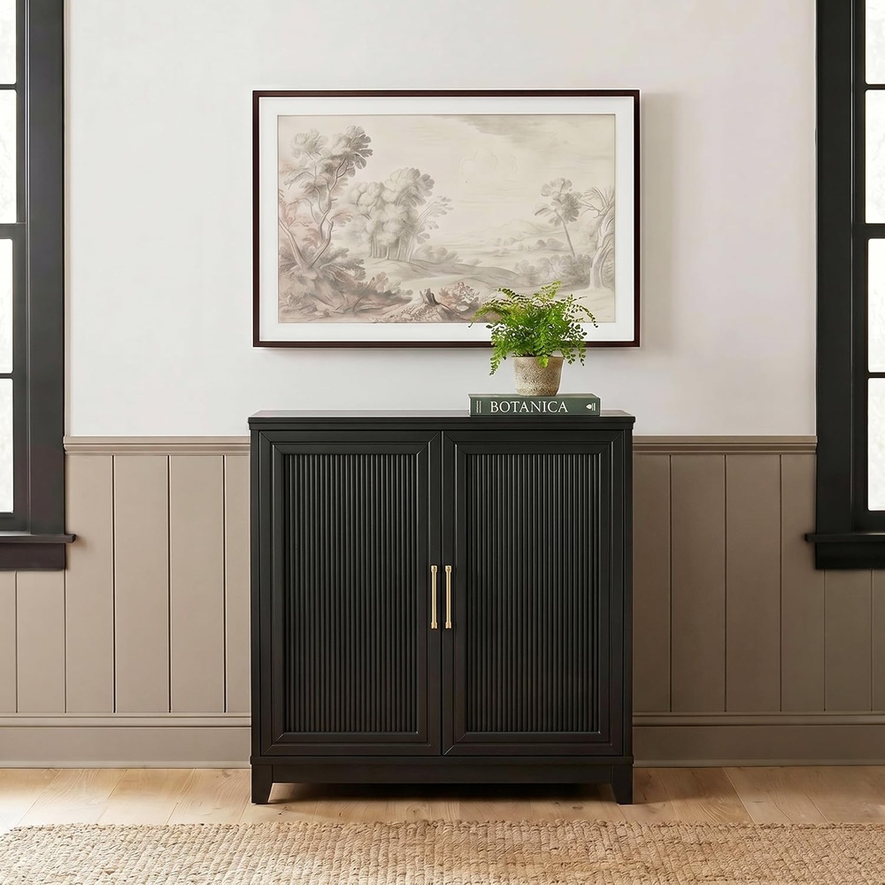 image:imageMartha Stewart Bedford Modular Fluted 3Drawer Base Cabinet BlackBlack FrameGold Hardware