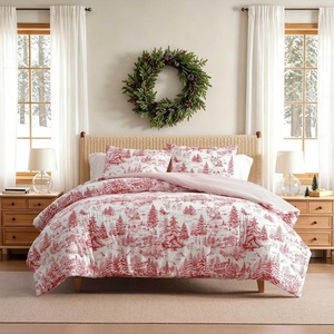 Martha Stewart – Queen Comforter Set with Shams, Cotton Flannel, Reversible(Winter Toile Red)