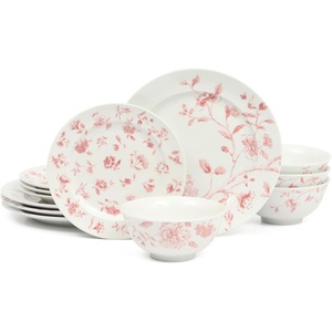 Martha Stewart Plates and Bowls Set, 16 Piece Dinnerware Set for 4, Blue(Pink Floral)