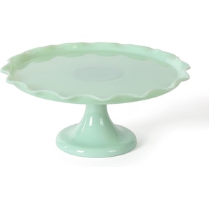 Martha Stewart Watercrest Glass Cake Stand, 10.2 Inch Footed Pedestal Cake Plate with Scalloped Ruffled Edge, Clear Handmade Glassware for Weddings, Parties, and Dessert Display(Green (11″))