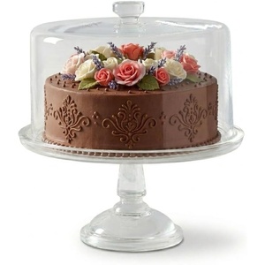 Martha Stewart Watercrest Glass Cake Stand, 10.2 Inch Footed Pedestal Cake Plate with Scalloped Ruffled Edge, Clear Handmade Glassware for Weddings, Parties, and Dessert Display(Glass (10.2″ W/ Dome))