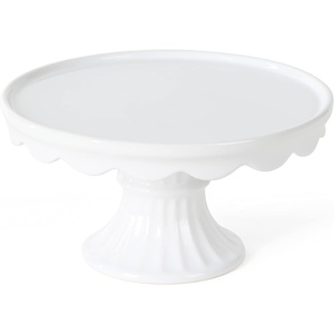 Martha Stewart Watercrest Glass Cake Stand, 10.2 Inch Footed Pedestal Cake Plate with Scalloped Ruffled Edge, Clear Handmade Glassware for Weddings, Parties, and Dessert Display(White (10″))