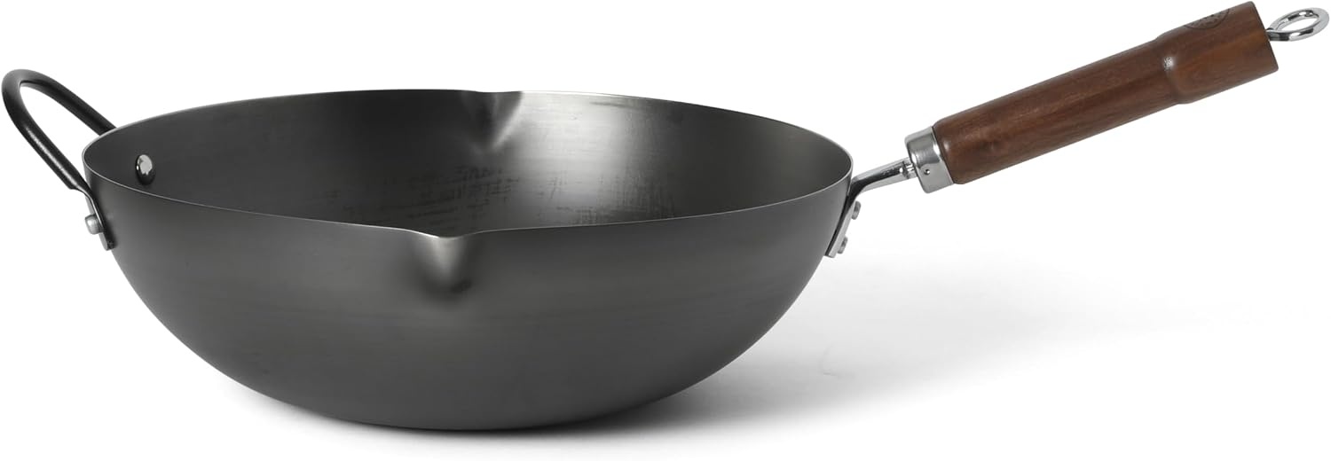 image:imageMartha Stewart Chisholm 135Inch Carbon Steel Nonstick Wok PFASFree Wok Pan amp Flat Bottom Stir Fry Pan with Long Walnut Wood Handle amp Helper Handle Black