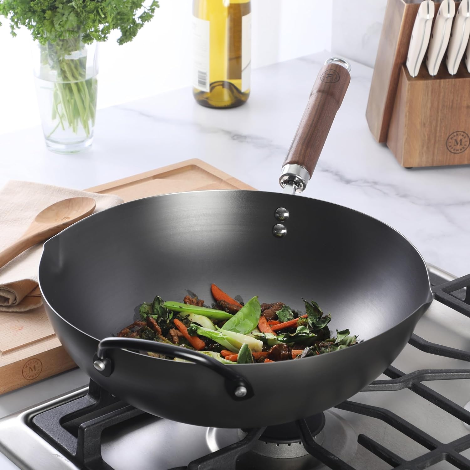 image:imageMartha Stewart Chisholm 135Inch Carbon Steel Nonstick Wok PFASFree Wok Pan amp Flat Bottom Stir Fry Pan with Long Walnut Wood Handle amp Helper Handle Black