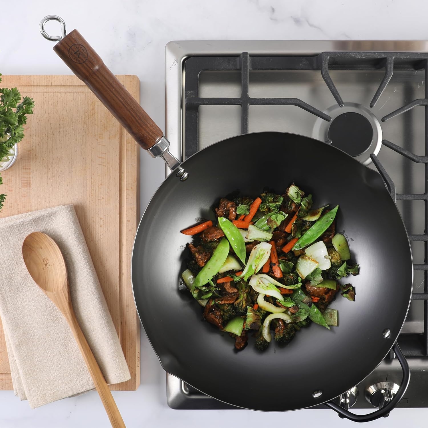 image:imageMartha Stewart Chisholm 135Inch Carbon Steel Nonstick Wok PFASFree Wok Pan amp Flat Bottom Stir Fry Pan with Long Walnut Wood Handle amp Helper Handle Black