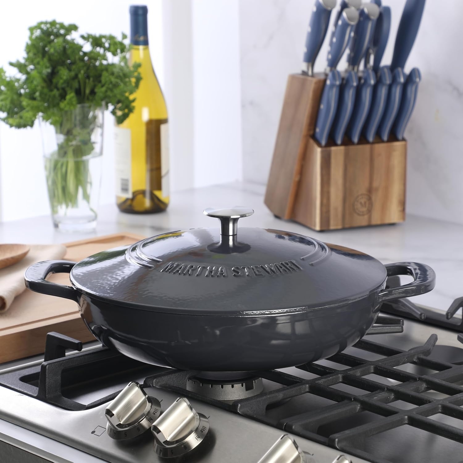 image:imageMartha Stewart Gatwick Enameled Cast Iron Braiser with Lid 35Quart Braiser Pan for Stovetop amp Oven Cast Iron Braising Pan with Gold Knob Matte BlackGrey