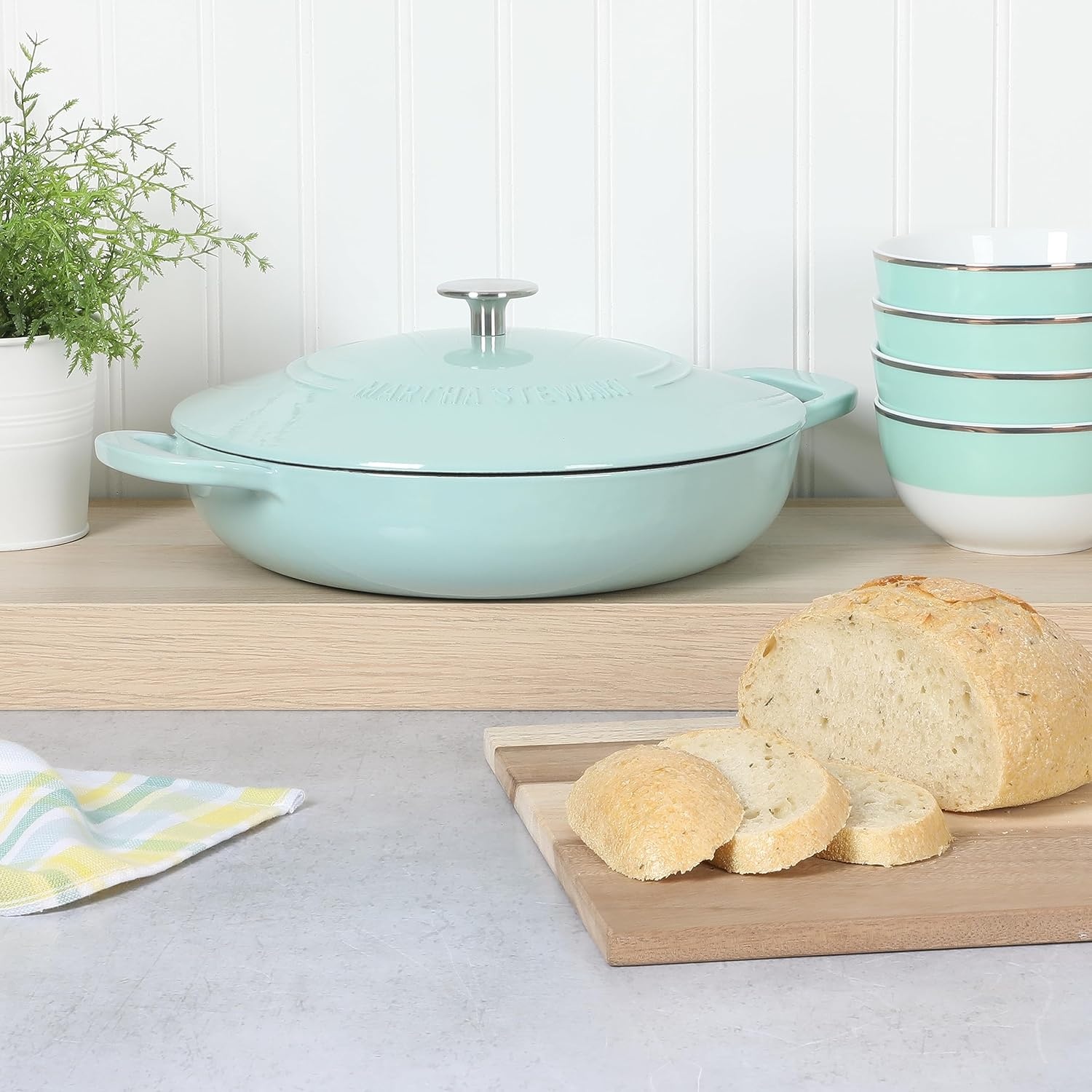 image:imageMartha Stewart Gatwick Enameled Cast Iron Braiser with Lid 35Quart Braiser Pan for Stovetop amp Oven Cast Iron Braising Pan with Gold Knob Matte BlackMartha Blue