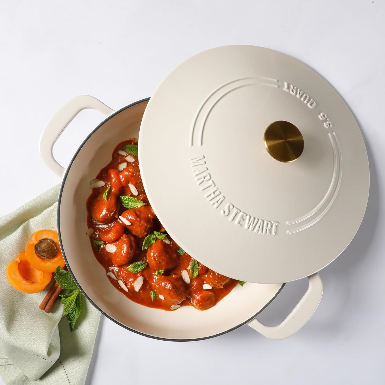 image:imageMartha Stewart Gatwick Enameled Cast Iron Braiser with Lid 35Quart Braiser Pan for Stovetop amp Oven Cast Iron Braising Pan with Gold Knob Matte BlackLinen White w Gold Knob